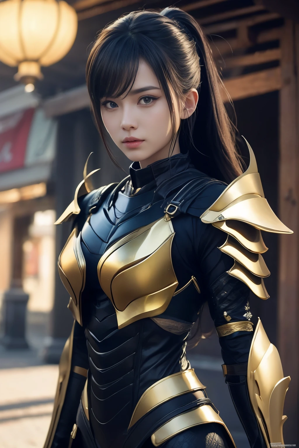 (high quality), (masterpiece), (detailed), 8K Hyper-realistic depiction of a Japanese girl clad in armor inspired by a scorpion motif, blending intricate detailing with lifelike precision.