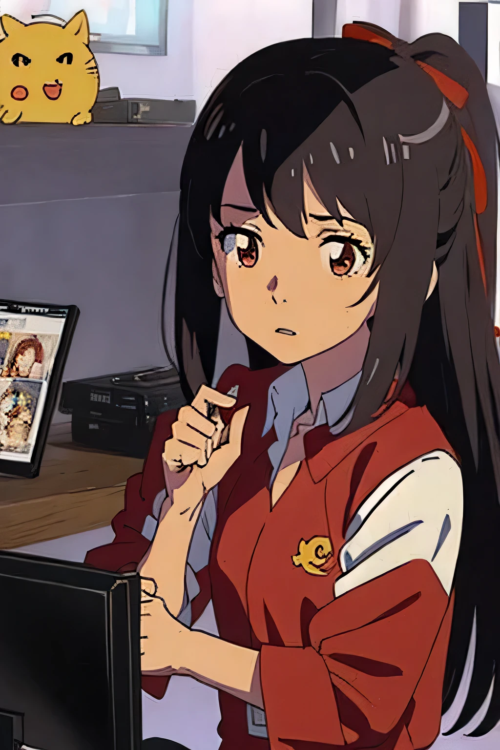 Chica anime en uniforme con pajarita roja y camisa blanca., anime visual de una linda chica, Su nombre, in the anime movie, Su nombre movie style, visual anime de una mujer joven, anime movie screenshot, tv anime frame, fotograma del anime, Today&#39;s featured anime still., anime moe art style, kuvshinov, anime movie screenshot