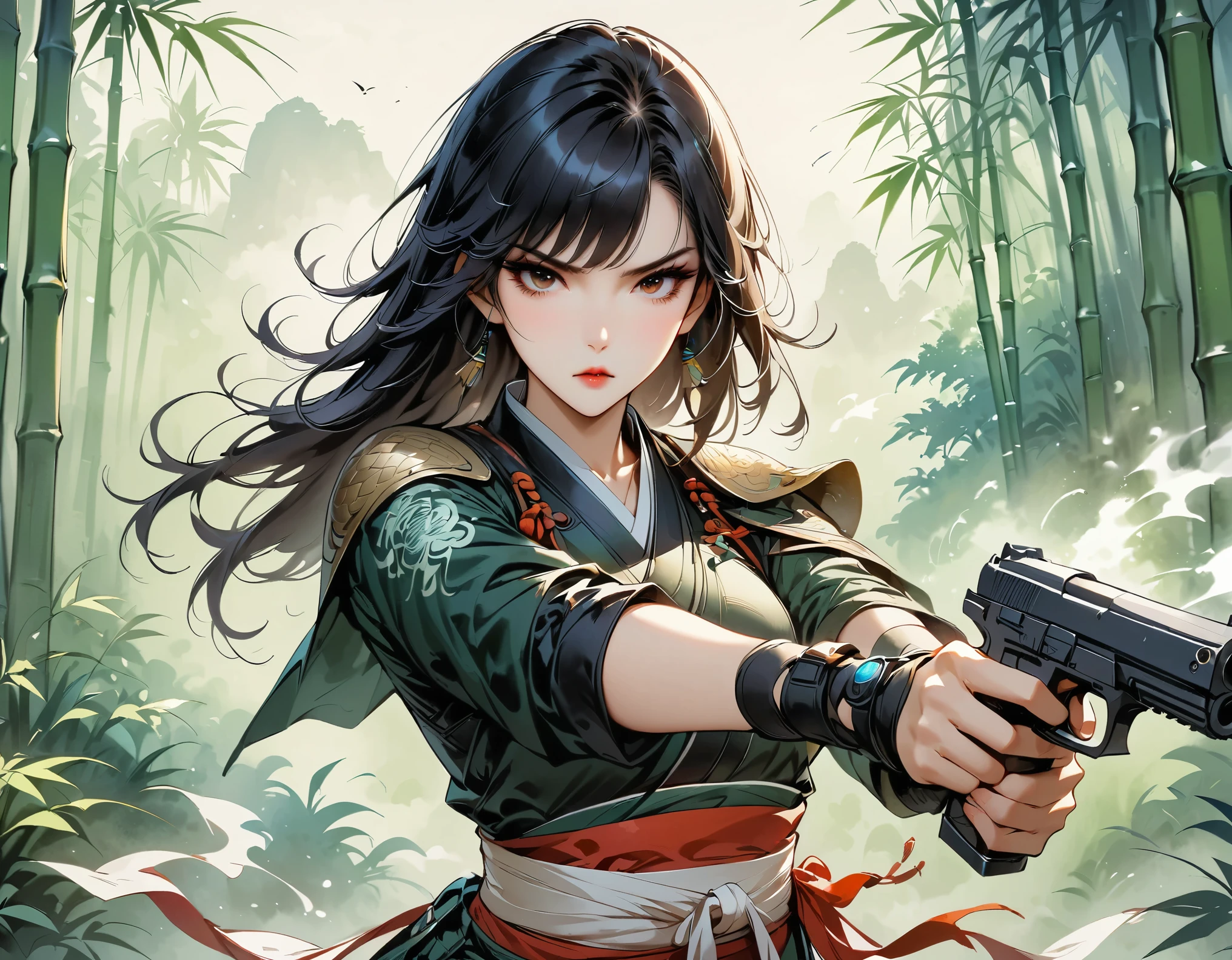(masterpiece, best quality:1.2), Chinese dragon：1.37，1 girl，two-dimensional， metal jewelry,armor， Serious expression, attack action, eyes cold, Clothing black and white ink style, martial arts style, sash, keen vision，black theme，Dual-wielding pistol，aim at you，emit laser，bamboo forest
