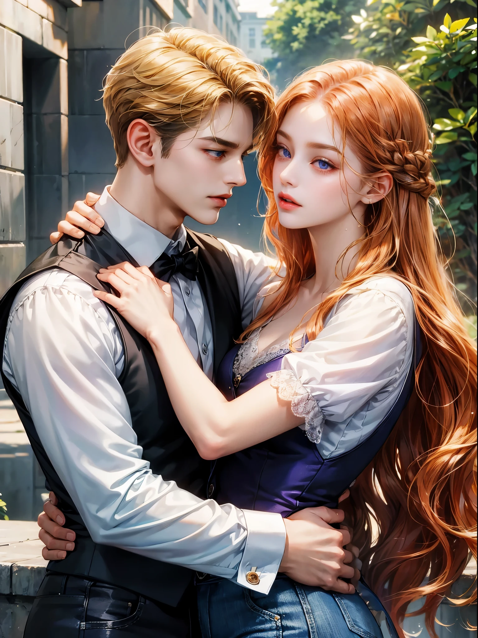 The girl has beautiful violet eyes. She looks the boy