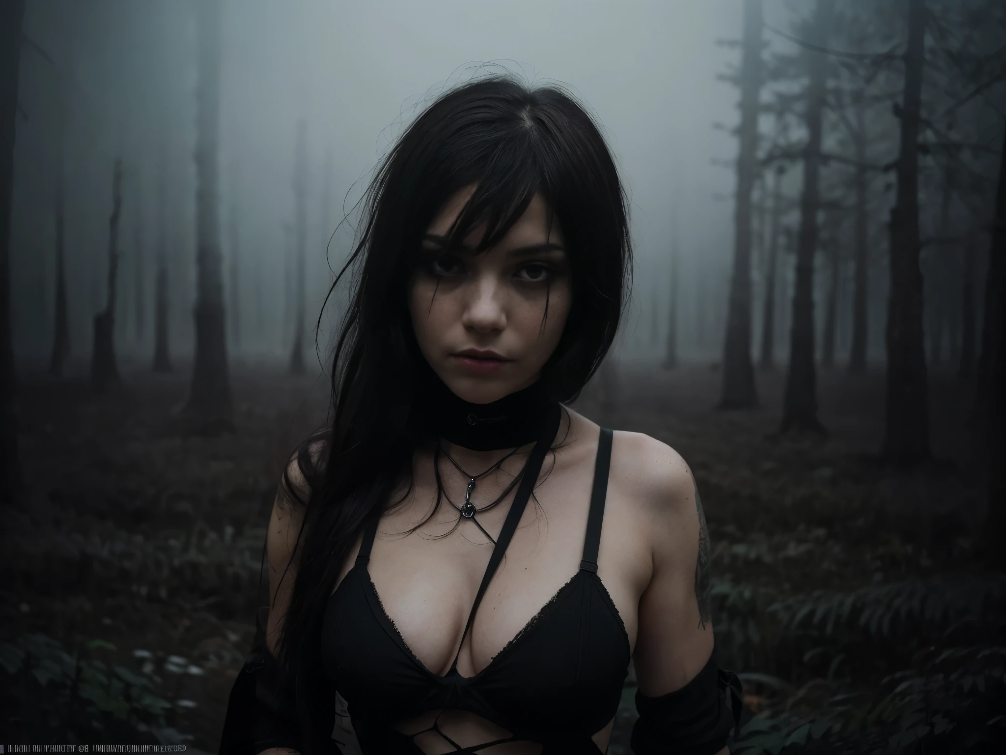 (Best Quality,hight resolution,Masterpiece, full body view:1.2),Ultra-detailed,woman dressed in black fishnet unitard,sickly,standing in a creepy foggy field, fishnet stockings, detailed fishnet unitard, half body shot, intricate high waisted black thong and bra visible through a fishnet unitard, centered subject,gloomy ecstasy,fetish,dark gloomy atmosphere, creepy atmosphere, gritty texture,Retro-atmosphere,warped reality,melancholic expression on his face,mysterious aura,foggy atmosphere,foggy background,Subtle color palette,provocative pose,Strong emotions,Coming Out of the Depths of Despair,Piercing gaze,intense shadows,Plunged in Darkness,dark industrial aesthetic,ominous vibe,A supernatural sensation,Loss of Place in Time and Space,Eerie silence.asymmetrical bangs, freckles, black short hair, Bangs, freckles, gray eyes,