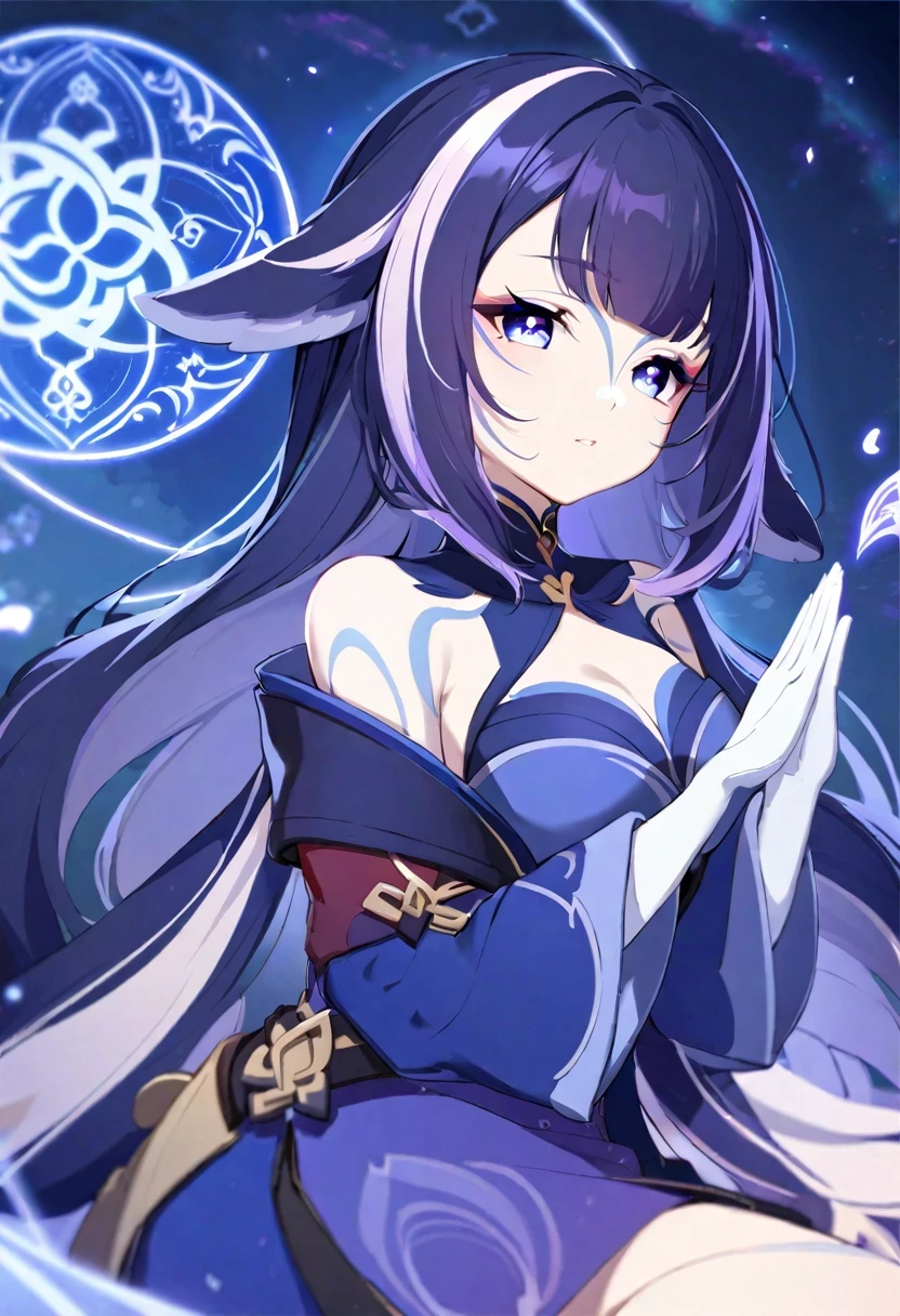 (((shylily))) ,Young woman, beautiful, (indigo hair, Long hair hime-cut), ((white eyes : 1.2)), Genshin Hutao style clothes, prayer, Wizard, Magic circle