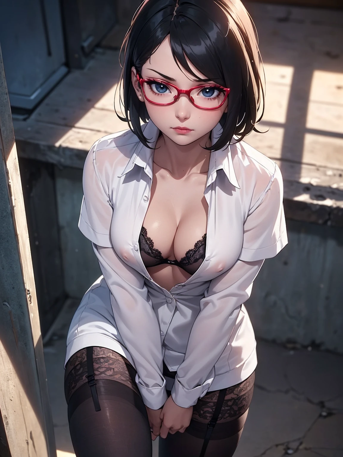 (1girl, solo, alone), (WakatsukiRisa, Sarada Uchiha, black hair, short hair, black eyes, red glasses), ((solo, (1woman, pink lipstick, (small breasts), black eyes), Extremely detailed, ambient soft lighting, 4k, perfect eyes, a perfect face, perfect lighting, a 1girl)), austere, ((fitness, muscular, shapely body, athletic body, toned body)), ((cold expression, eyes become cold, cold without emotion)), ((nurse, sexy nurse, white clothes, tight clothes, Unbuttoned blouse, no buttons, no bra, no bra, hands resting on the leg, close-up from above, seen from above, sensual look, fiery and lascivious wanting pleasure, hips, no panties, very short dress, masterpiece, white lace, head, cleavage, solo, ((half thigh, white stocking, lace stocking, pantyhose thigh, feel garter)), standing, outdoors, cowboy photo, looking at viewer, dressed))