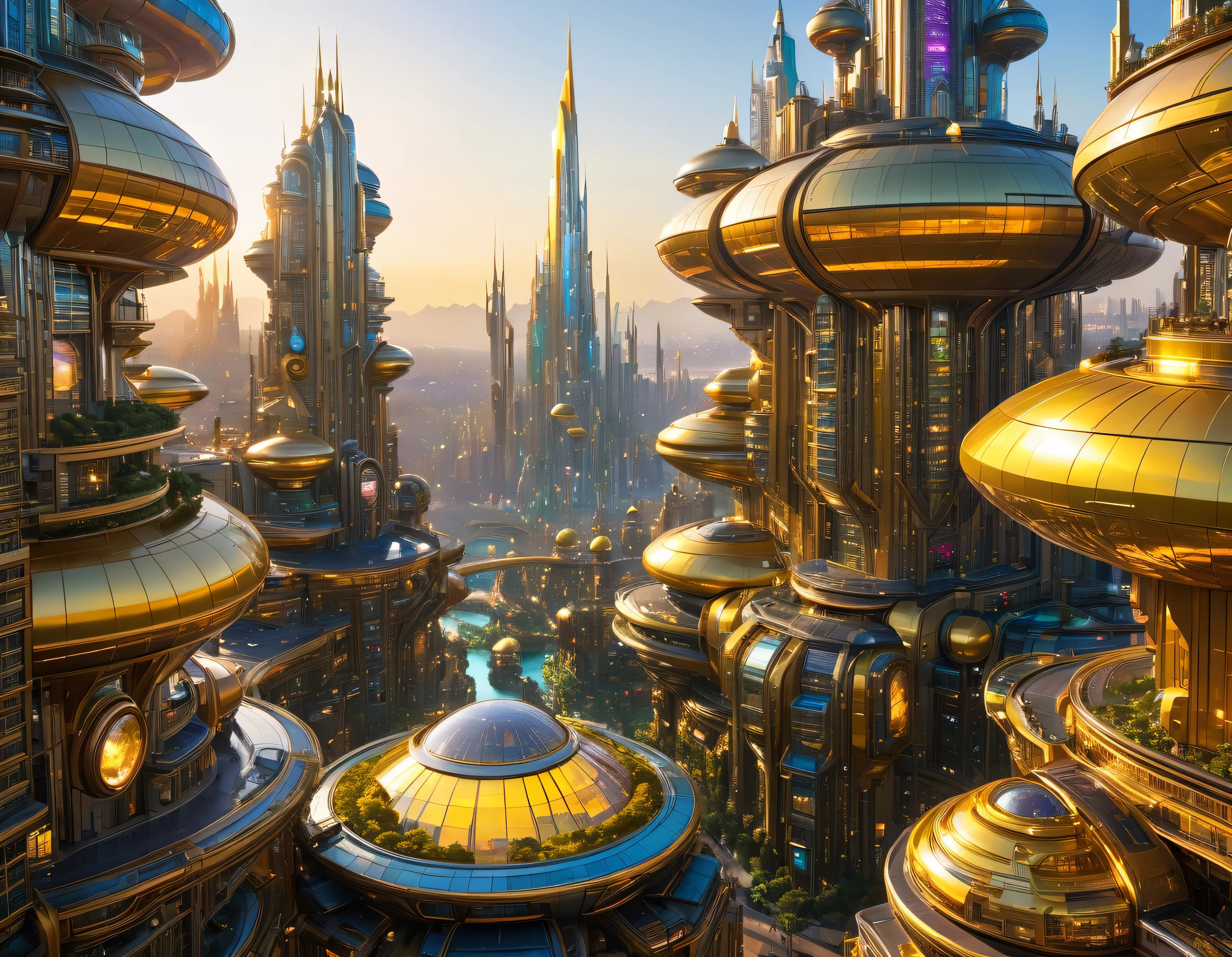 (golden hour lighting), megacity, megalopolis of an imaginary world of science fiction , parecido a una disneylandia futurista, and maximum fantasy, con inmensos edificios y rascacielos ovalados y dodecaedricos agrupados de metal y cristal donde predomina el oro y los anuncios luminosos de colores. imagen bien definida 8k, (intrincados detalles de la maquina), con muchos edificios juntos.(obra maestra de superior calidad).(imagen fotorrealista), nitidez absoluta hasta el fondo