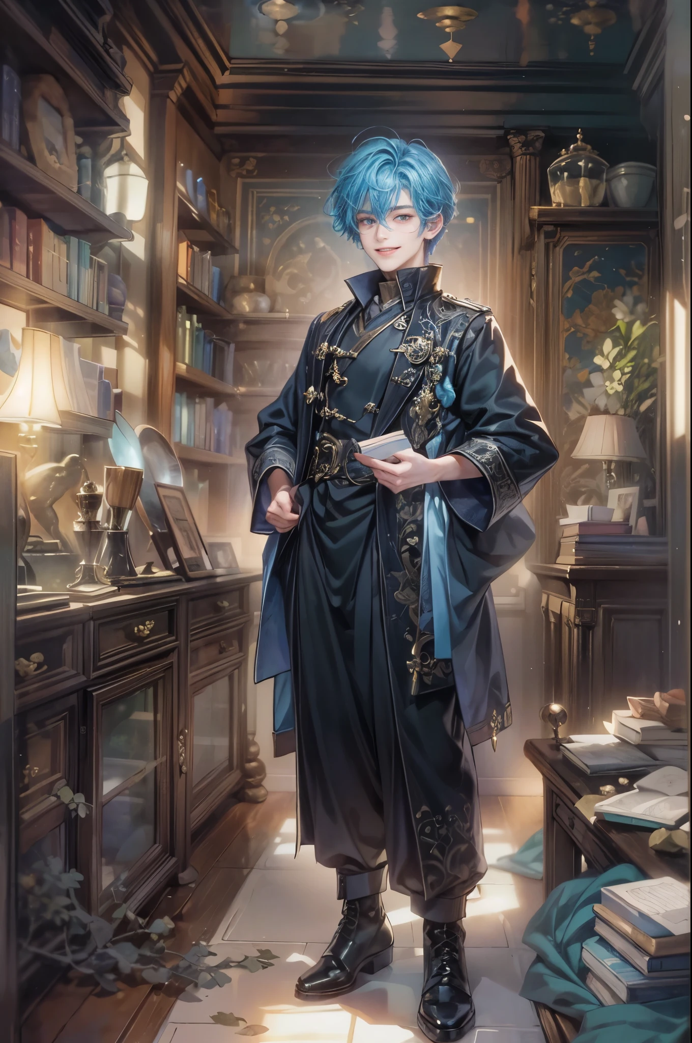 ((4K workasterpiece、(quality)、A beautiful fallen angel boy、slim、tall、((Charming British style))、(Beautiful eye night in detail))、in a room in england、The castle where the villain lives lacks shop windows、room at night、((You can see the starry sky from the windoloomy sky))、((English style room))、((Filmed in a room in England))、midynight、((Short hair, bright blue hair))、((The face smaller))、((White eyes))、((American male))、(( Male 26 years old))、((Cool man))、((Like a celebrity))、((smile show teeth and smile))、((Korean makeup))、((eyes long and sharp))、((Happy dating))、((boyish sense))、((Upper body photography))、profesional photo、((Shoot alone))、((Shot from the front))、((Shoot near him))、((Focus zooms in))、((He was standing in the corner of the room reading a book))