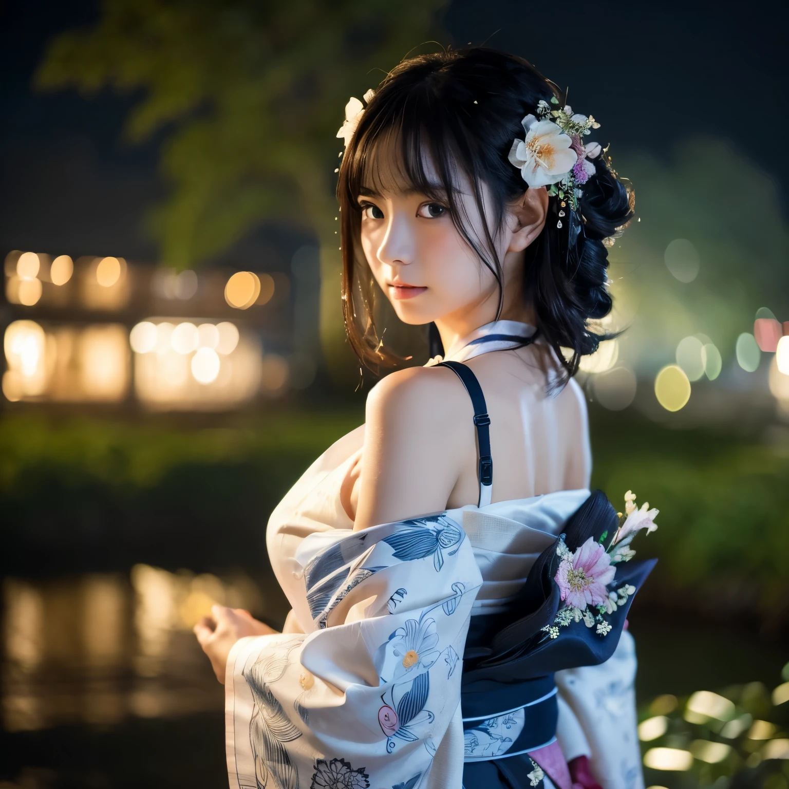 1 girl, chest, moon, lanthanum, night, alone, large chest, hair ornaments, Wet, kimono, kimono, water遊び, water, hair flower, flower, outdoor, null, full moon, rain, black hair, off shoulder, Mountain, cloud, holding, sash, bare shoulders, paper lanthanum, Are standing, white kimono, night null, side boob, heart, Wet clothes, bangs, wood, From the side, reflection, short hair, cloudy null, Wet hair (((masterpiece),(Highly detailed CG Unity 8K wallpaper),highest quality,,alone,1 girl,cinematic lighting,detailed background,detailed and beautiful eyes,bright pupils, (very delicate and beautiful),(Beautiful and detailed eye depiction), Super detailed,masterpiece,))