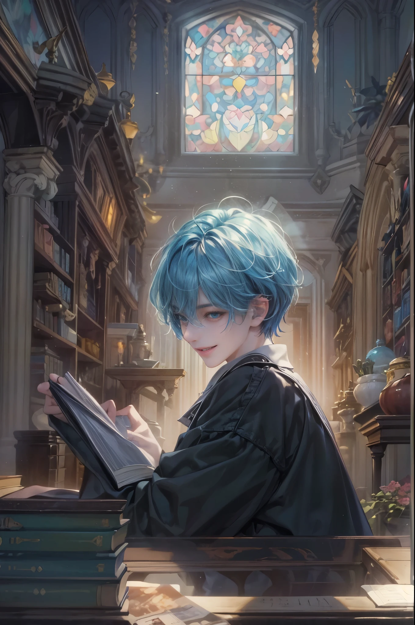 ((4K workasterpiece、(quality)、A beautiful fallen angel boy、slim、tall、((Charming British style))、(Beautiful eye night in detail))、in a room in england、The castle where the villain lives lacks shop windows、room at night、((You can see the starry sky from the windoloomy sky))、((English style room))、((Filmed in a room in England))、midynight、((Short hair, bright blue hair))、((The face smaller))、((White eyes))、((American male))、(( Male 26 years old))、((Cool man))、((Like a celebrity))、((smile show teeth and smile))、((Korean makeup))、((eyes long and sharp))、((Happy dating))、((boyish sense))、((Upper body photography))、profesional photo、((Shoot alone))、((Shot from the front))、((Shoot near him))、((Focus zooms in))、((He was standing in the corner of the room reading a book))