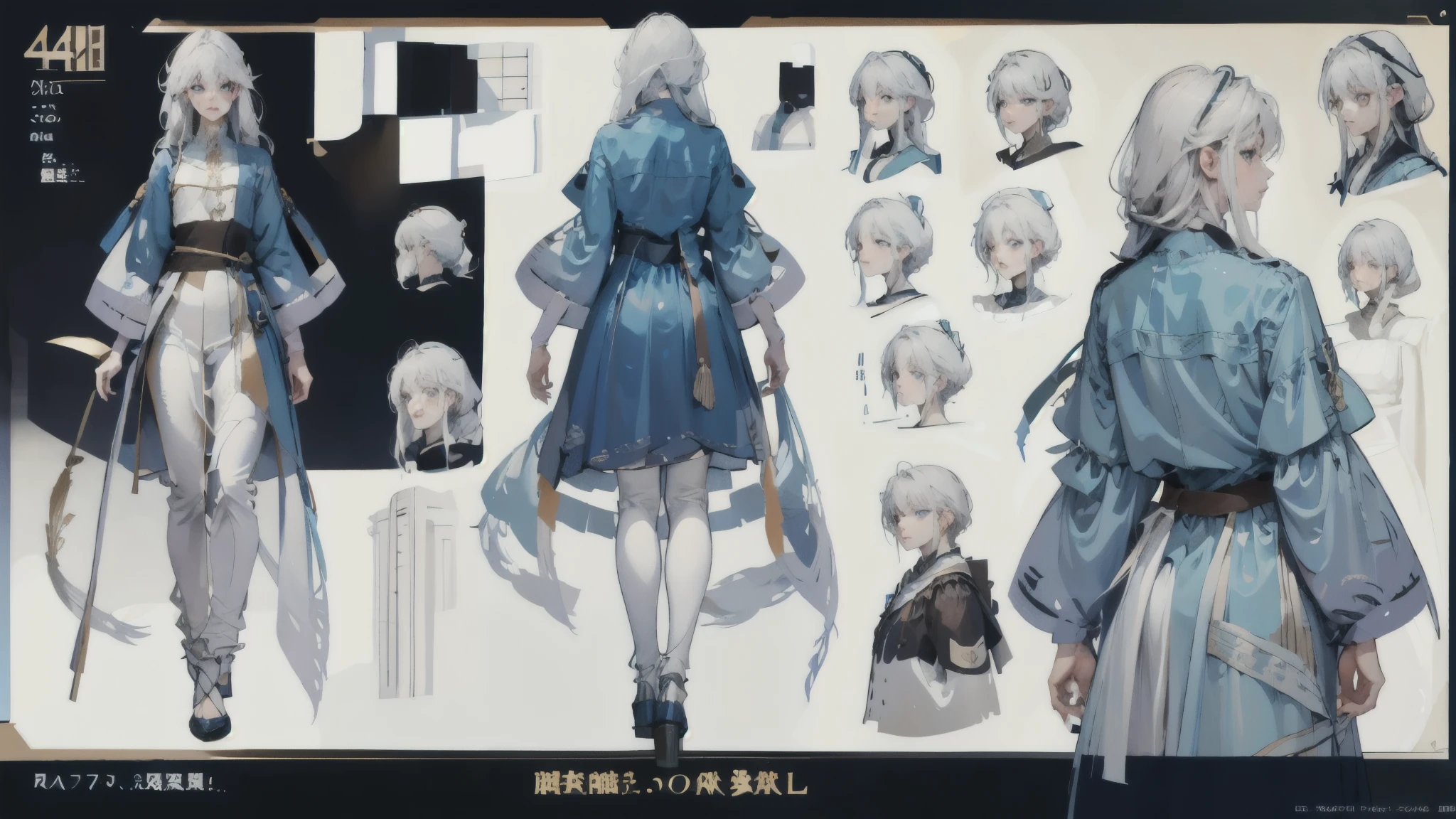 light-skinned man 30 years old, light skin, white skin, male, gray with blue eyes, white hair, long hair, straight hair, Anime style, 4k image, full body, white background, character sheet, full body from the front, full body from the back , Handsome man. angular face, tall, slender body. Character design sheet, All detailed parts, front view, Back body view, aristocratic clothes, fantasy clothes, perfume, detailed face, character design sheet whole body, Full of details, Front body view, back body view, very detailed, depth , facial expression worked out