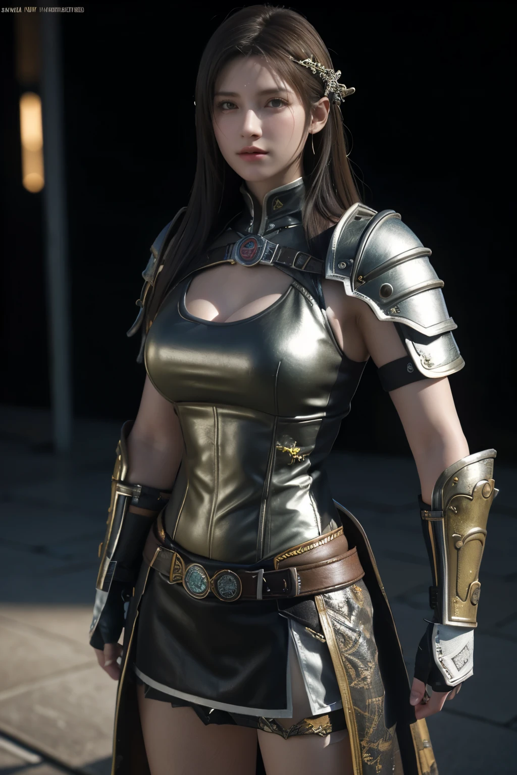 Game art，best picture quality，Highest resolution，8K，(A half-length photo)，(portrait)，(Head close-up)，(rule of thirds)，Unreal Engine 5 rendering works， (future girl)，(female warrior)， 
20 year old girl，((hunter))，Eyes with rich details，(big breasts)，Elegant and noble，indifferent，brave，
（Medieval style fur combat uniform，glowing magic lines，Richly detailed animal skin clothing），Medieval female knight，medieval knight，
photo poses，Simple background，Cinema lights，Ray tracing，Game CG，((3D Unreal Engine))，OC rendering reflection pattern