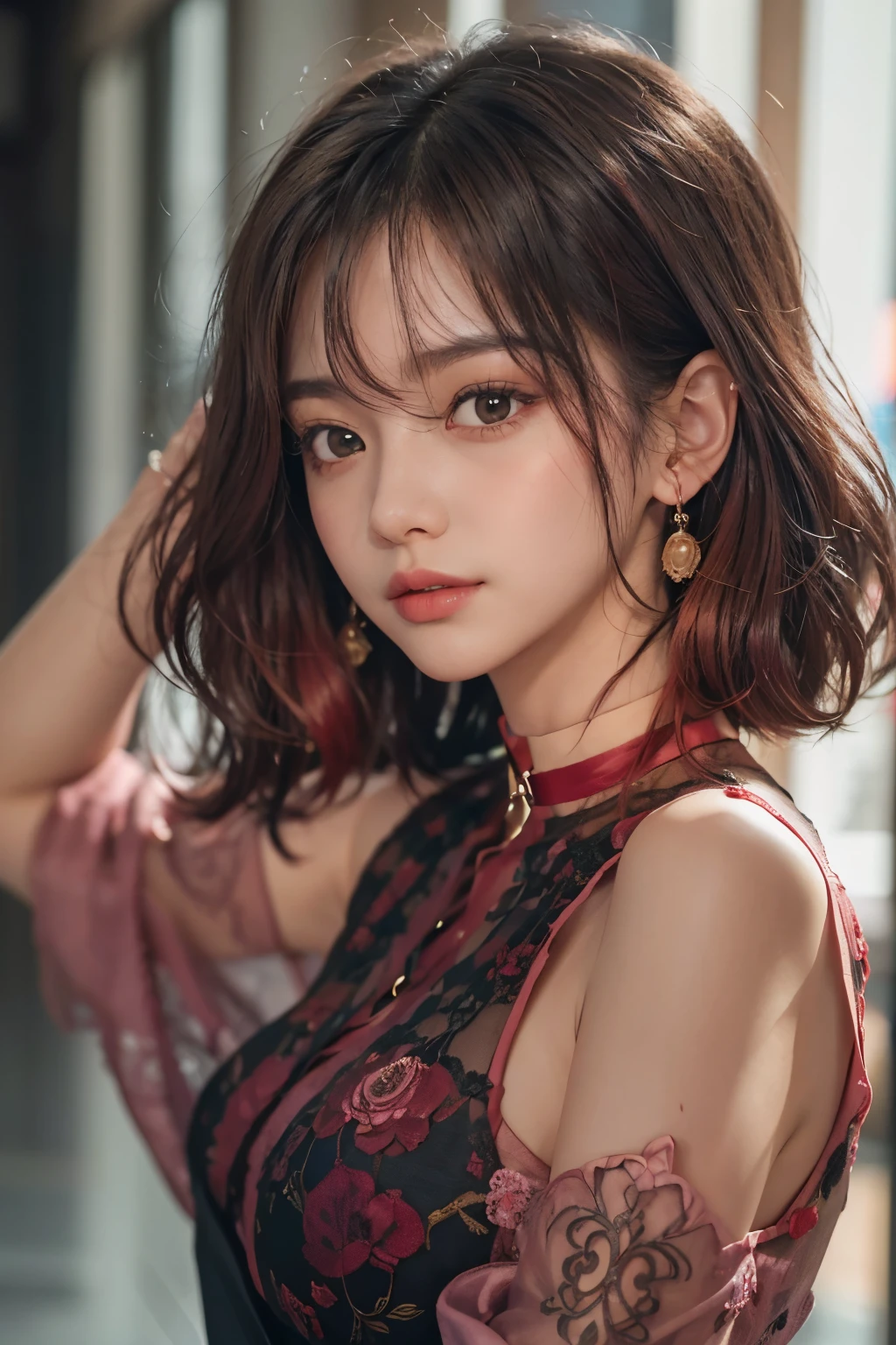 (1girl in)、(in her 20s)、((bobhair))、((bangss))、((Black to red gradient color hair))、(Photoreal Stick:1.2)、in 8K、(High quality shadows)、(A charming expression)、(smil)、Detail Beautiful delicate face、Detail Beautiful delicate eyes、Pretty Kpop Idol、(Korean Urzan Face)、(ulzzang -6500-v1.1:0.6)、pureerosface_v1、(looking at view)、gloweyes、perfectbody、Natural color reproduction、((strong lights))、(a choker)、((Brown eyes))、((Beautiful Finger))、 Shiny hair、Description beautiful delicate hair、(Lustrous skin)、((Red see-through dress))、(Heavy bangs)、hallway、 (early evening)、Background blur、movie lighting、