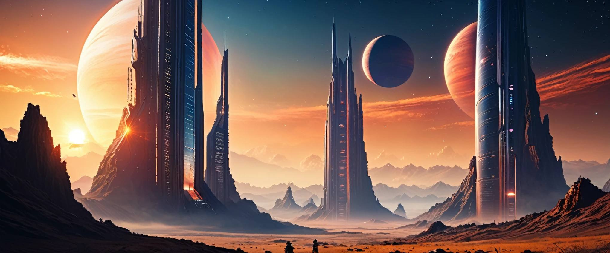 realistic digital painting, sci-fi, tall building like in feudal Japan but in sci-fi style on an alien planet in another galaxy, only two suns visible in the sky, immersive background of an alien planet, film grain, depth of field, HDR, beautiful lighting,
