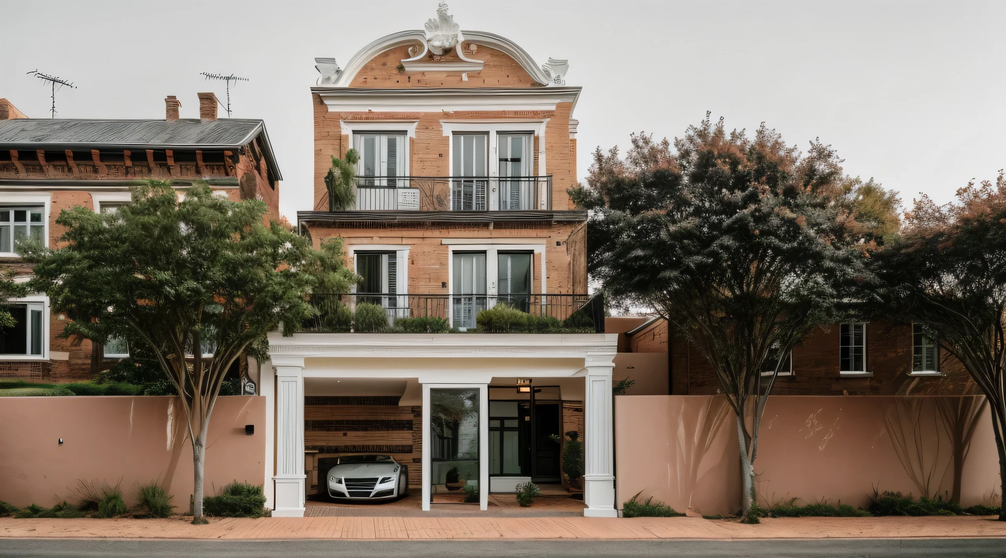 exterior of house, neoclassic style, exposured brick wall, nice detail sculpture, beautiful landscape, stone pavement,cars, RAW photo, 8k uhd, dslr, soft lighting, high quality, film grain, Fujifilm XT3,masterpiece,