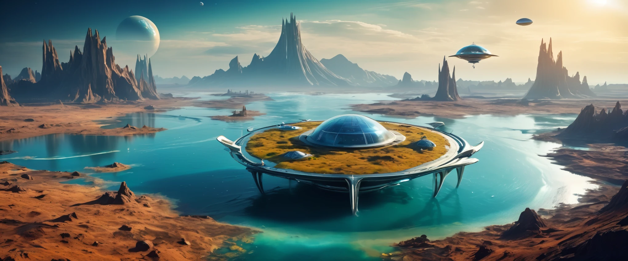 realistic photo, sci-fi, water alien planet, alien planet landscape, no land, strange water habitation structures, hydrofoil jet with space nomad, HDR, film grain, depth of field, RAW, bird's eye view