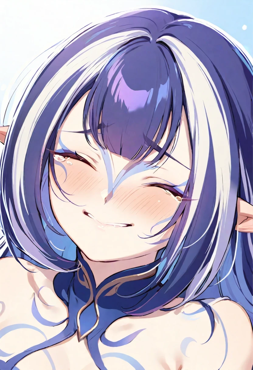 (((shylily))), naughty face, nose blush, wince, happy tears, pointy ears,Delicate and cute facial features