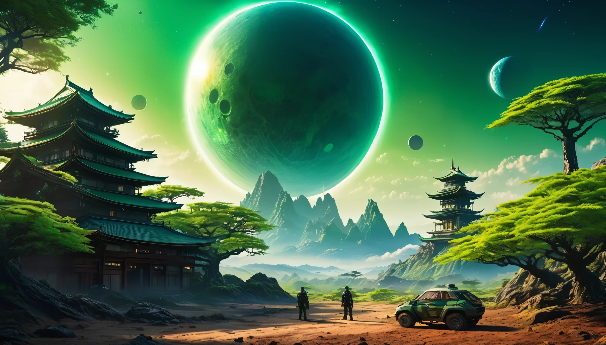 realistic digital painting, sci-fi, building in feudal Japan but in sci-fi style on an alien planet in another galaxy, two suns visible in the sky, immersive background of an alien planet, some strange trees and green Walter, film grain, depth of field, HDR, beautiful lighting,