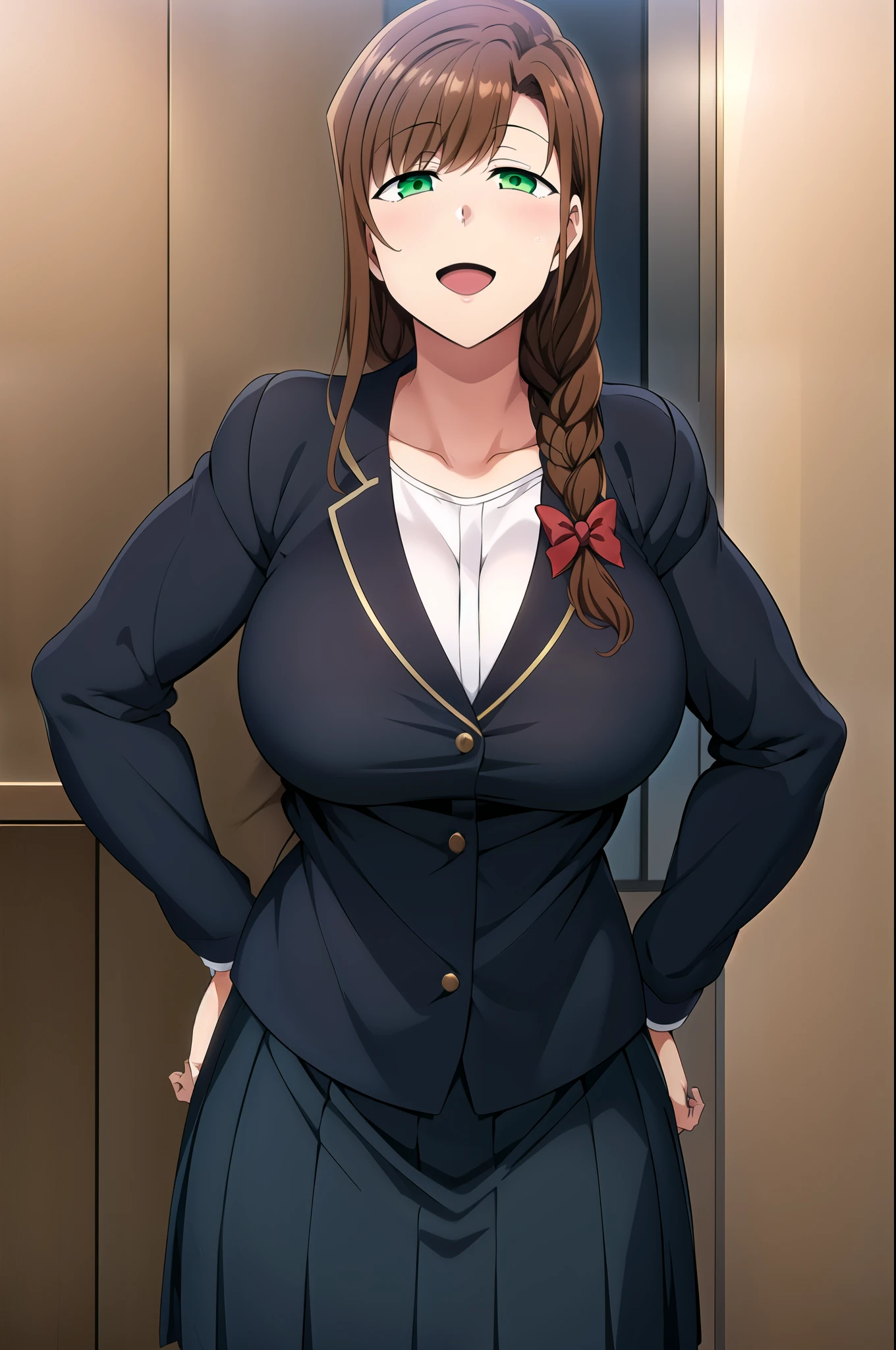 1girl, half closed eyes, solo, long hair, looking at viewer, smile, open mouth, large breasts, brown hair, shirt, hair ornament, green eyes, collarbone, braid, ((SCHOOL GIRL)), ((SCHOOL UNIFORM)) , a woman in a suit and bow tie posing for a picture with her hands on her hips and her hands on her hips, 1girl, :d, bow, bowtie, breasts, hand on hip, jacket, large breasts, long hair, looking at viewer, open mouth, red bow, , shirt,
