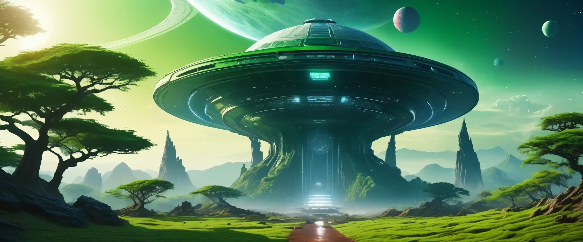 realistic digital painting, sci-fi, building in feudal Japan but in sci-fi style on an alien planet in another galaxy, two suns visible in the sky, immersive background of an alien planet, some strange trees and green Walter, film grain, depth of field, HDR, beautiful lighting,