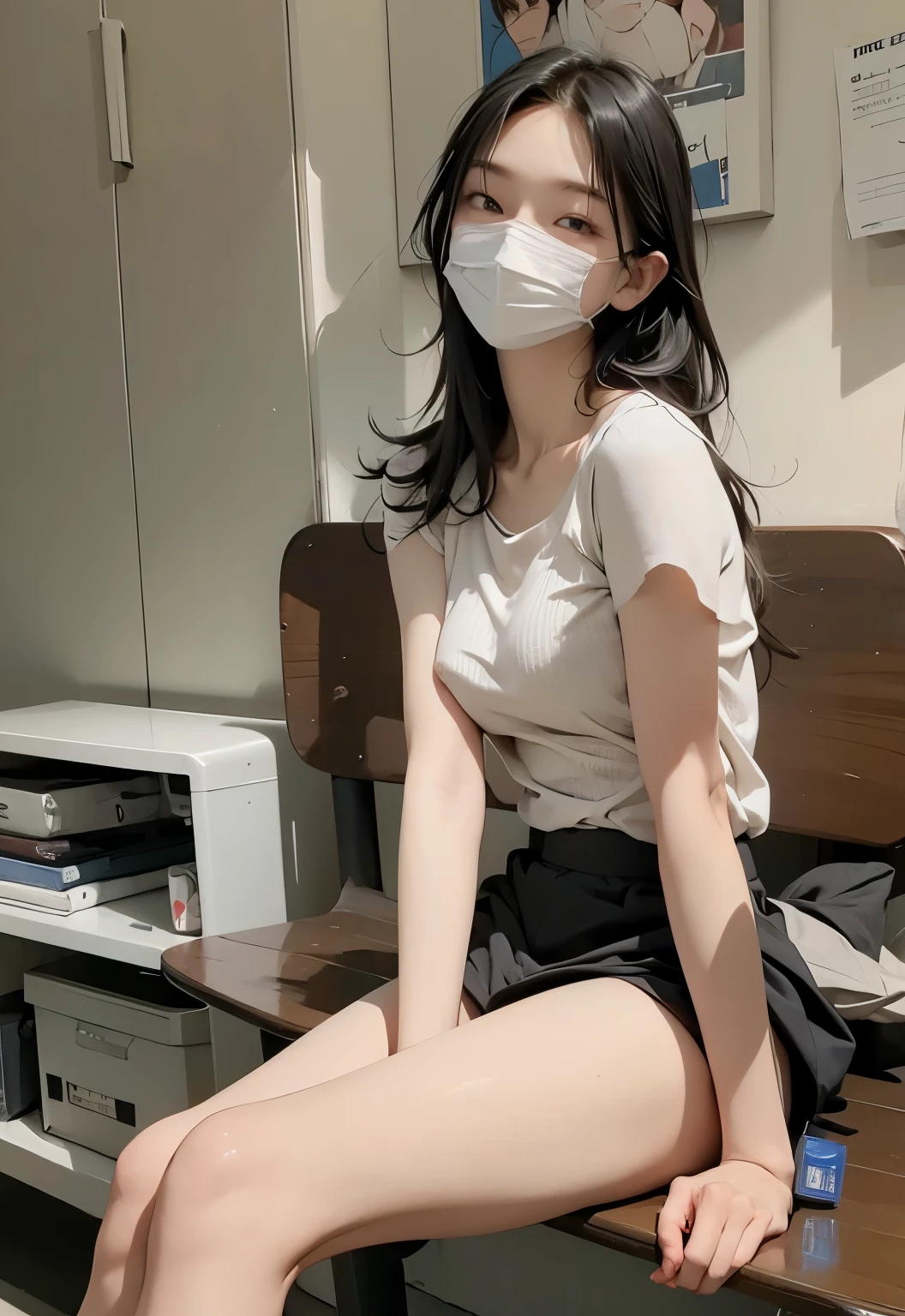 One Girl,Nude,Browsing Caution,creampie,Spread your legs,、、Primary schohair、Wearing a white mask、wearing black glasseissing arms and legs、ポニーテール