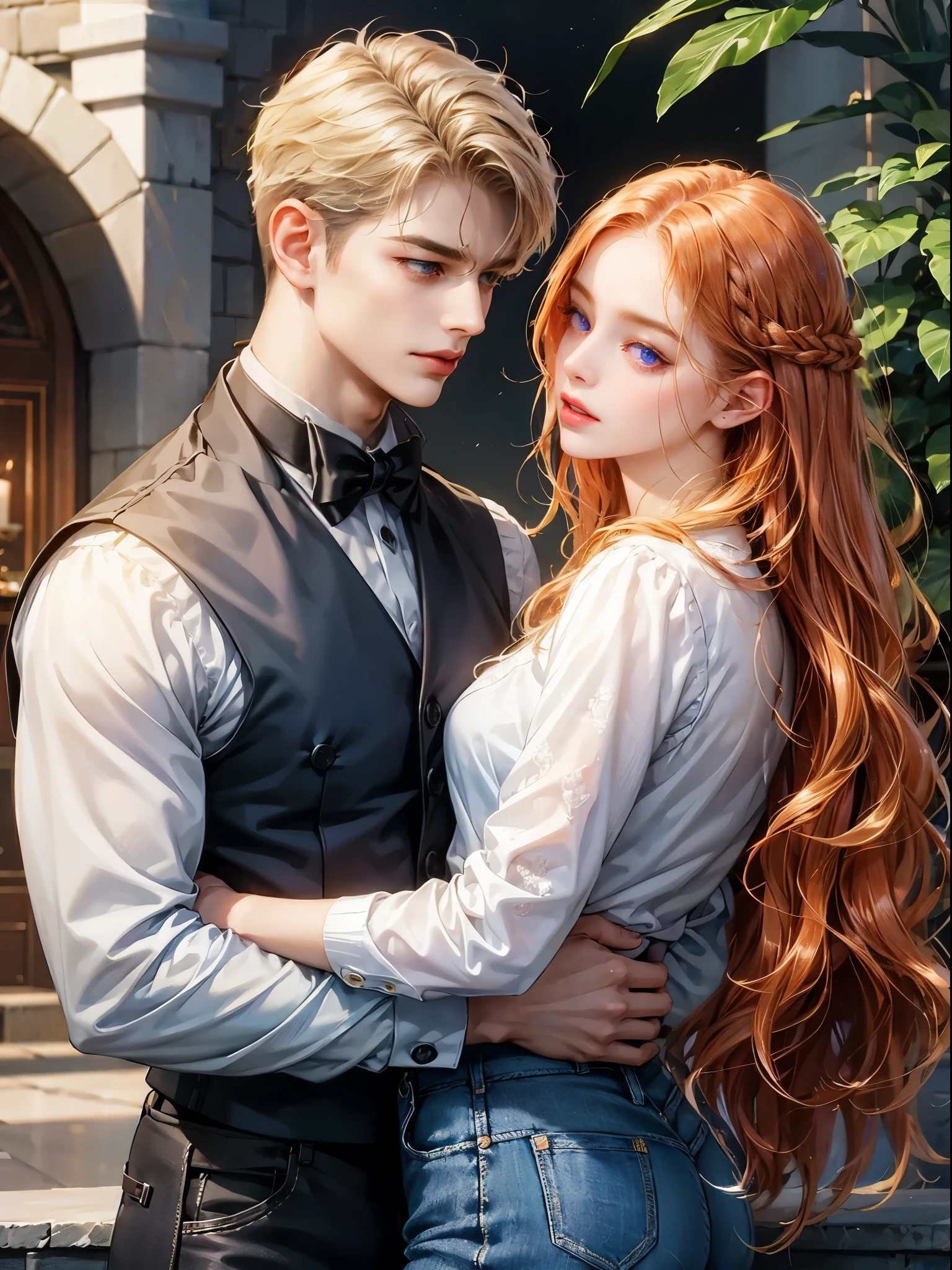 The girl has beautiful violet eyes. She looks the boy