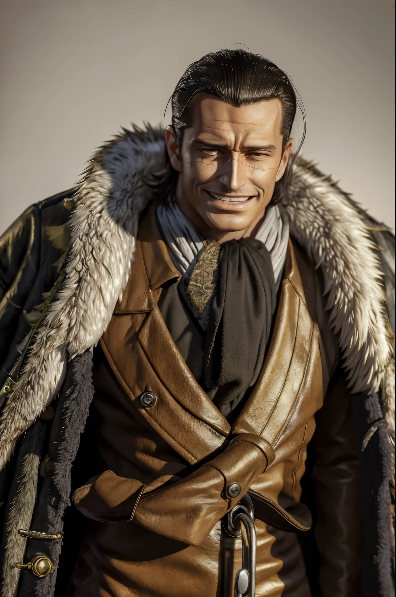 masterpiece, best quality, extremely detailed, hyperrealistic, photorealistic, a cool 40s man, ultra detailed face:1.2, fur-trimmed coat, scarf around the neck, his left hand is a golden pirate hook:1.1, sly smile, white background