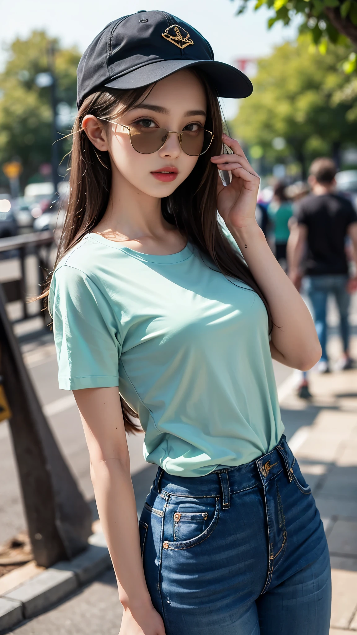 (best quality:1.2,4k ultra hd:1.2), a girl, beautiful face, full and glossy lips, long flowing hair, perfectly straightened, small breasts, green t-shirt, (opened shirt:1.5), jeans, complete with a cap, sparkling sunglasses, capturing her character and charm, with a blurred background enhancing the relaxed atmosphere, showcasing her confidence and elegance,