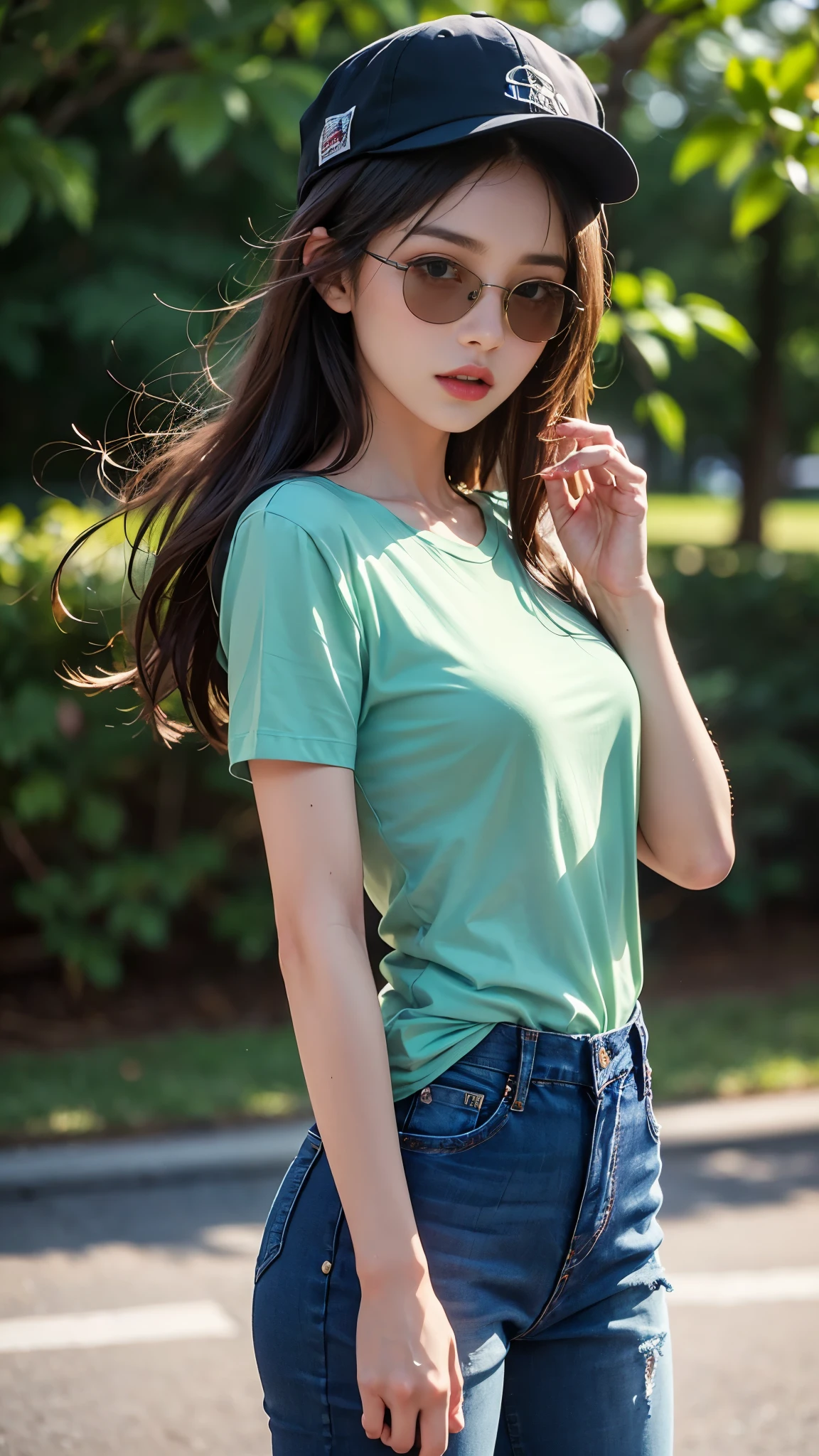 (best quality:1.2,4k ultra hd:1.2), a girl, beautiful face, full and glossy lips, long flowing hair, perfectly straightened, small breasts, green t-shirt, (opened shirt:1.5), jeans, complete with a cap, sparkling sunglasses, capturing her character and charm, with a blurred background enhancing the relaxed atmosphere, showcasing her confidence and elegance, sitting,