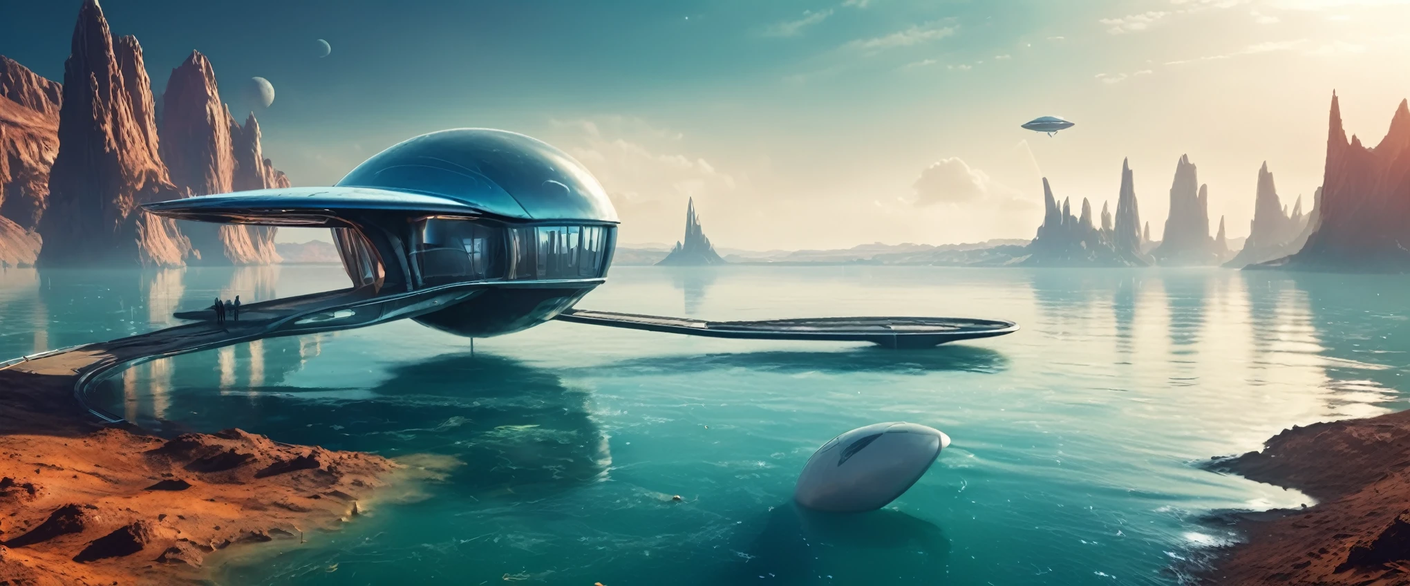 realistic photo, sci-fi, water alien planet, alien planet landscape, no land, strange water habitation structures, hydrofoil jet with space nomad, HDR, film grain, depth of field, RAW, bird's eye view