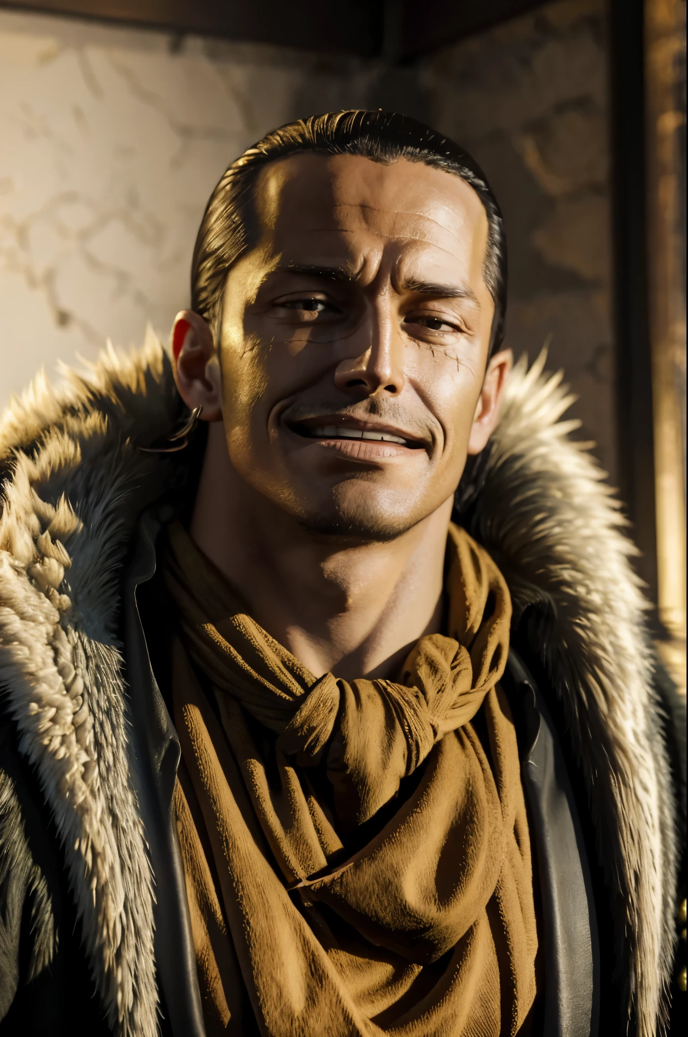 masterpiece, best quality, extremely detailed, hyperrealistic, photorealistic, a cool 40s man, ultra detailed face:1.2, fur-trimmed coat, scarf around the neck, his left hand is a golden pirate hook:1.1, sly smile, white background
