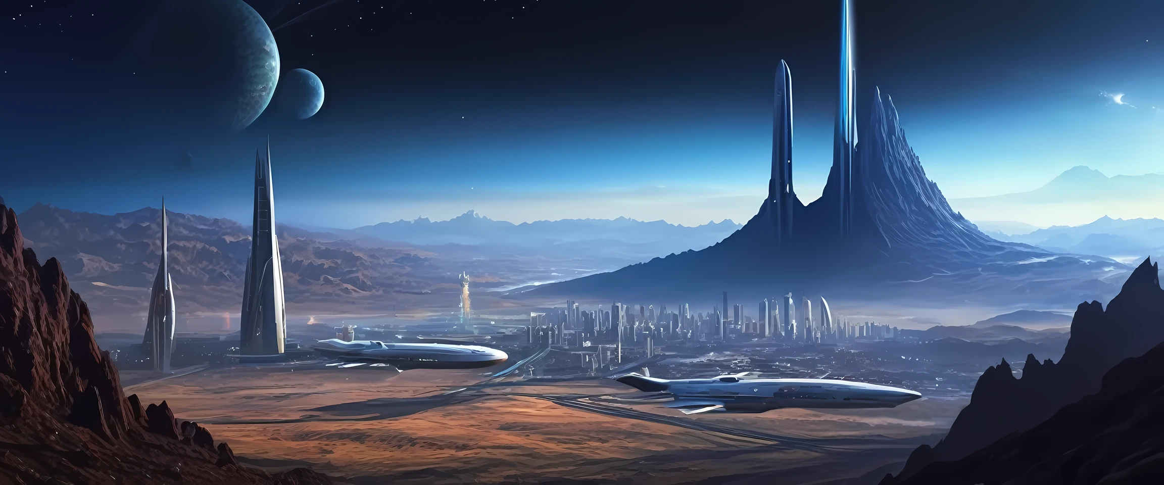 realistic digitall painting, dark and mody sci-fi, alien planet, alien landscape, alien big city,strange tall buildings, Space port, space shuttle launchers,  city in valley between great mountains, space sky, 
