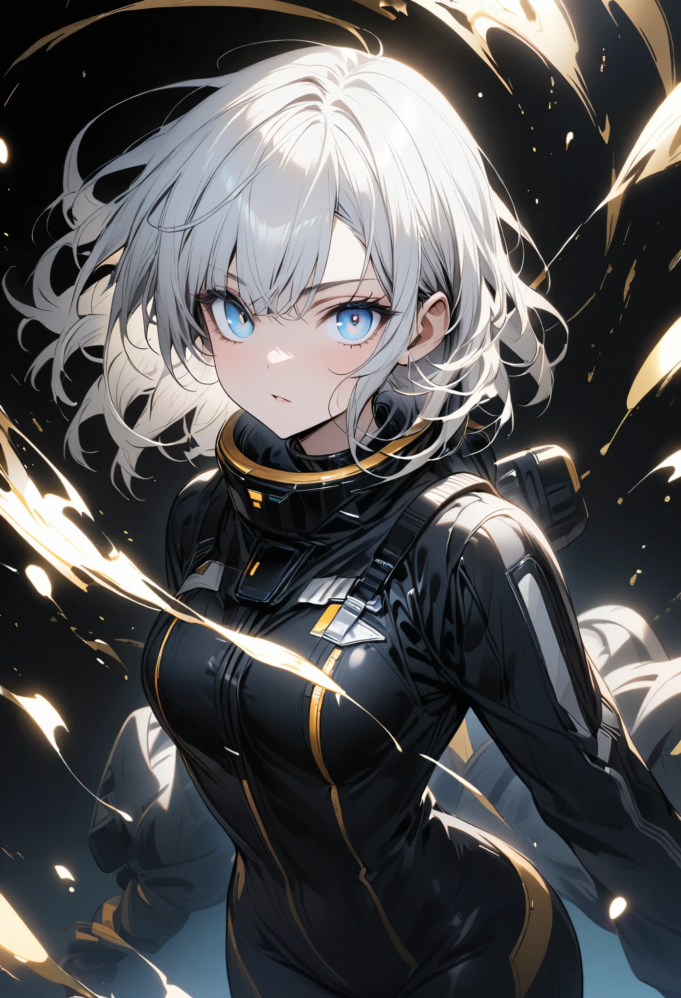 woman and ,golden white hair,blue eyes,,,black space suit