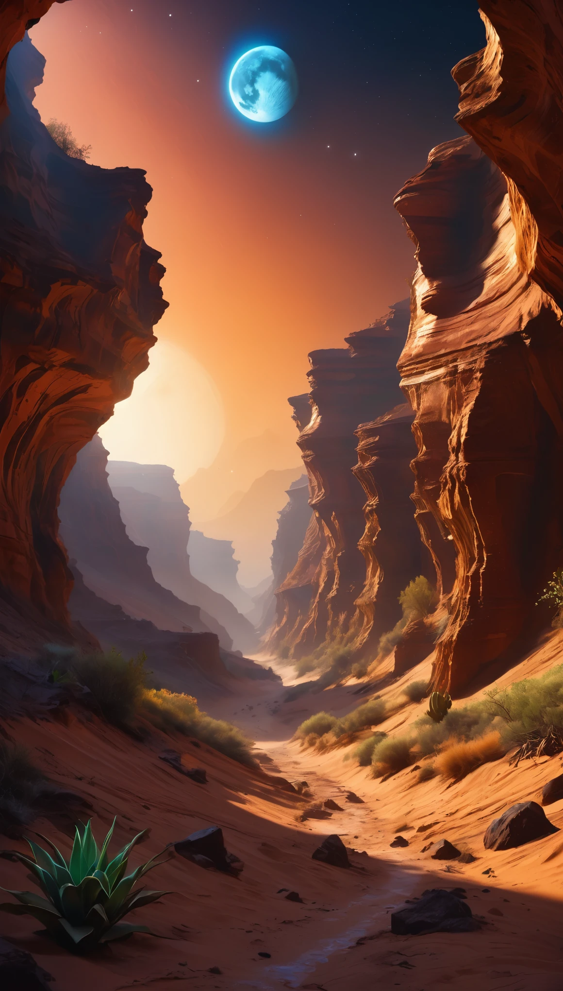 realistic digital painting, alien planet, alien landscape, deep canyon, photo taken from the bottom of the canyon, sandy road and some strange plants, high vertical canyon rocks, 2 moons, masterpieces, realistic, 8k,