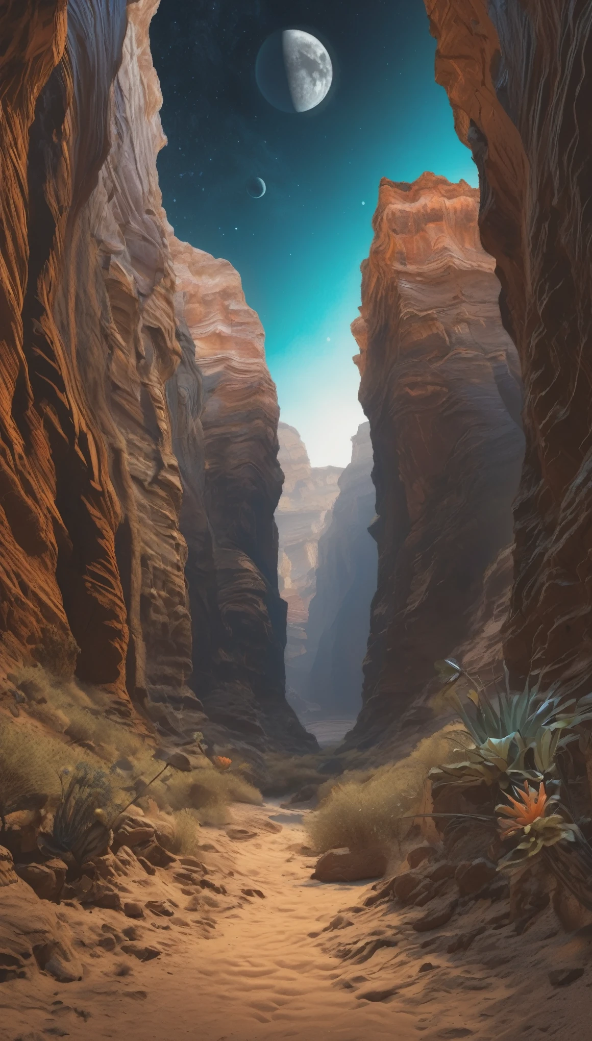 realistic digital painting, alien planet, alien landscape, deep canyon, photo taken from the bottom of the canyon, sandy road and some strange plants, high vertical canyon rocks, 2 moons, masterpieces, realistic, 8k,