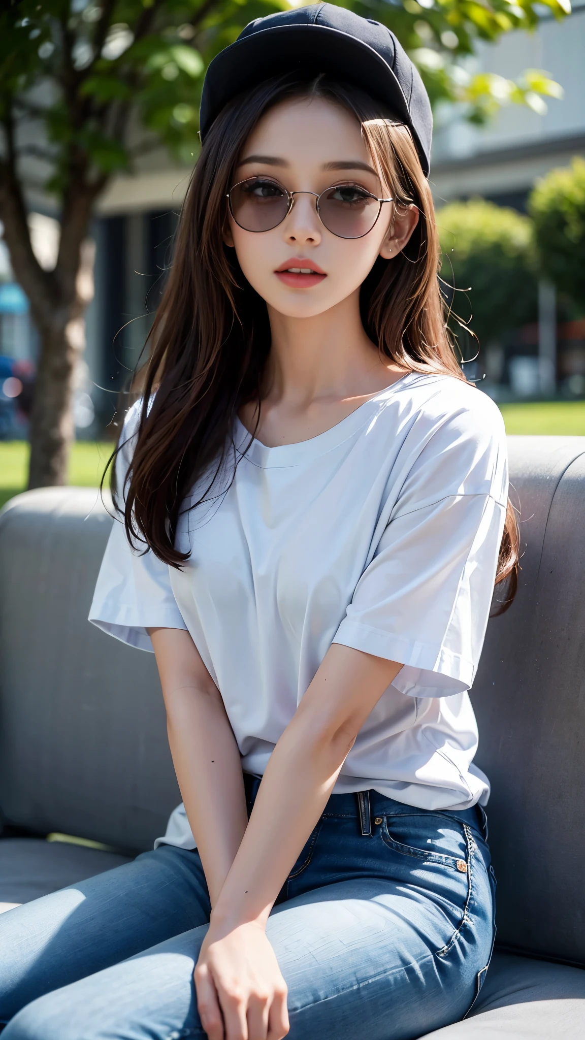 (best quality:1.2,4k ultra hd:1.2), a girl, beautiful face, full and glossy lips, long flowing hair, perfectly straightened, small breasts, green t-shirt, (opened shirt:1.5), jeans, complete with a cap, sparkling sunglasses, capturing her character and charm, with a blurred background enhancing the relaxed atmosphere, showcasing her confidence and elegance, sitting,