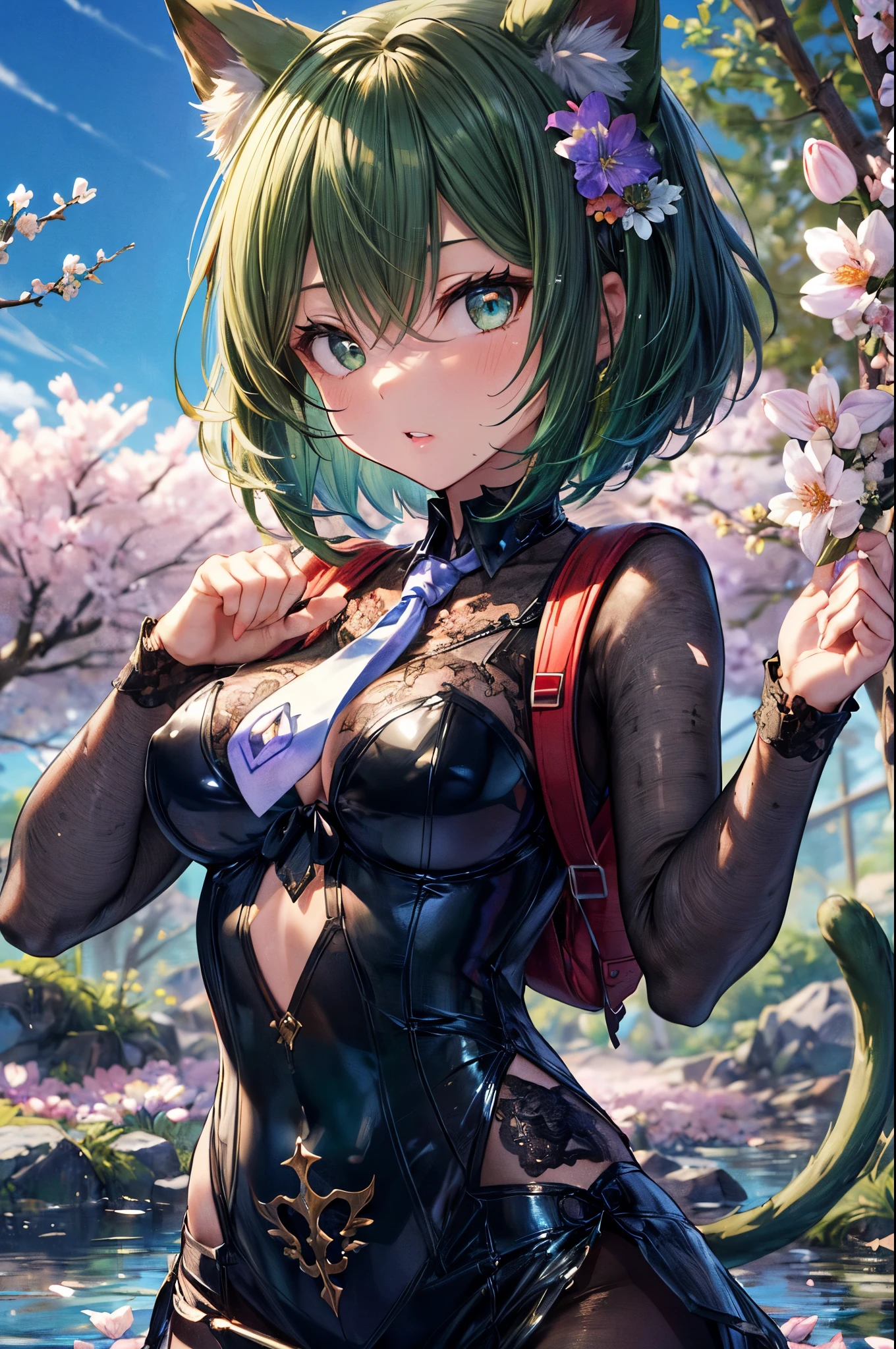 ((wearing a see-through silk dress)), mechanical knee joint, ((triangle shaped tie)), ((black pantyhose)), anime catgirl, ((deltamon_beta:1.5)), (carrying a backpack), (a tail growing from the butt), break, short hair, ((green hair1.5)), (cat ears a green), bob cut, 4 defined fingers, 1 defined thumb, (looking at viewer), break, sexy, ((solo)), (1 woman), ((25 years old)), ((highest quality)), ((masterpiece)), (familiar),  skindentation, perfect face, 8k , (upper body:1.5), break, break, blue eye, beautiful princess, embarrassed, medium breasts, perfect limbs, (visible nipples:0.5), (camel toe:0.5), sexy, (sexy pose), , (dutch angle),, from below, ((Nestled in a spring stream)), breast focus, dynamic pose, ((Spring flowers are in full bloom)),