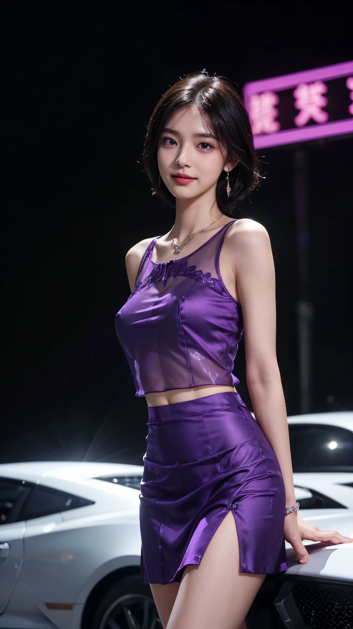 8k, masterpiece, RAW photo, best quality, photorealistic, extremely detailed CG unity 8k wallpaper, Depth of field, Cinematic Light, Lens Flare, Ray tracing, (extremely beautiful face, beautiful lips, beautiful eyes), intricate detail face, ((ultra detailed skin)) 1girl, in the dark, deep shadow, pretty korean girl, kpop idol,(very slim slender fit-muscled body:1.3), ((looking at viewer)),(big smile:1.3), (night, (neon sign), (blurry background), midnight, (without people in the background:1.3), pretty korean girl, white diamond earrings, bracelets, necklace, clear eyes, standing , front shot, Standing in front of neon Lights, Beside Purple Lamborghini car, (pale skin), (big eyes), full body shot, ((see through blouse)), (hot satin purple color blouse)), ((purple satin laced skirt)), (looking at viewer:1.3), very slim, breast, super round big breasts under the dress, Hermes bag, Above knee length skirt, updo hair, short hair, front face shot, ((Face Shot)), ((4 Different poses)), ((sexy angles)), medium butts