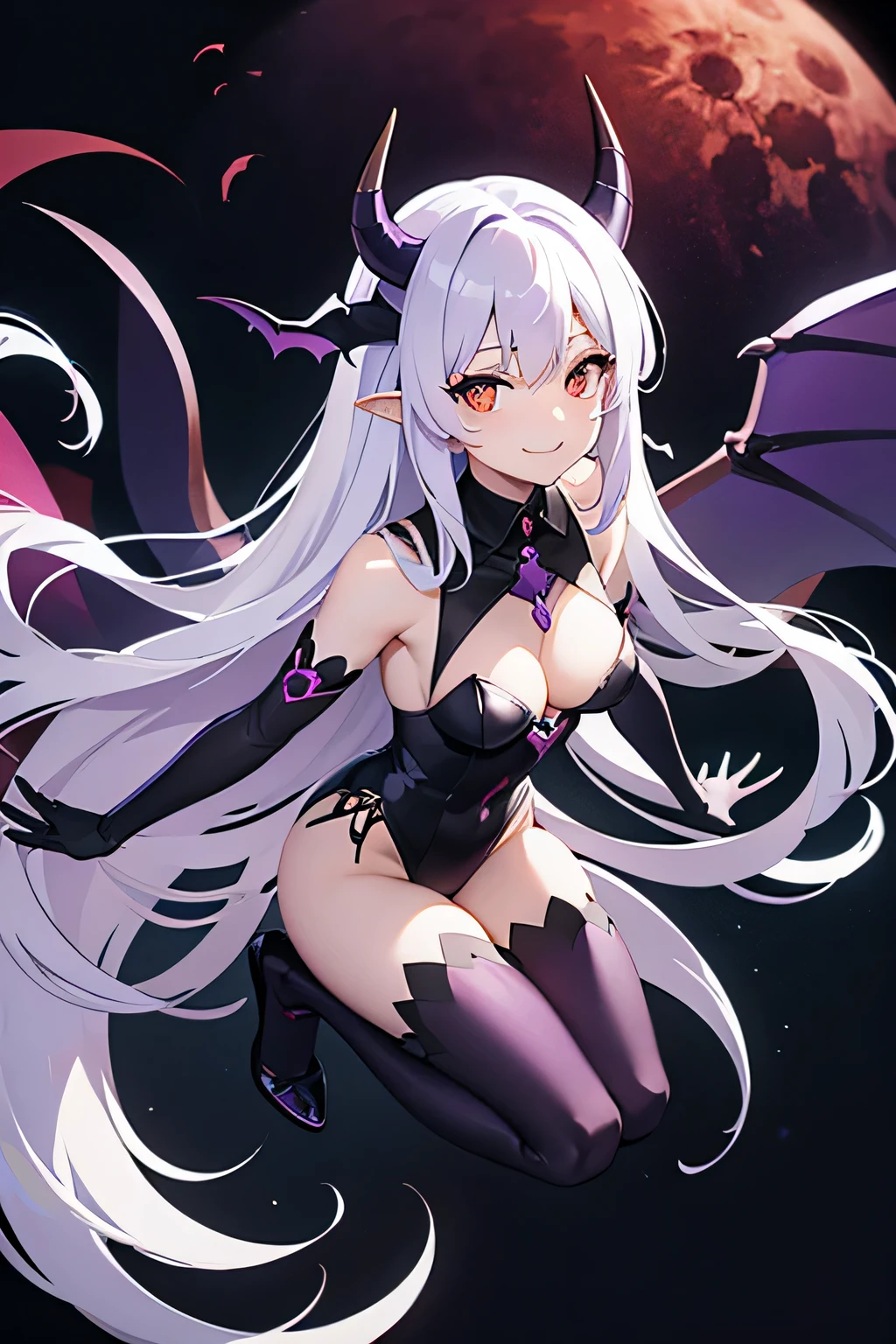 purple ,no star ,yandere Smile,horn,blood,full-body shot ,purple lunar eclipse ,bat wings ,woman flying in mid air, Succubus ,orange eyes ,long hair, white hair, black stockings, Double shoulders