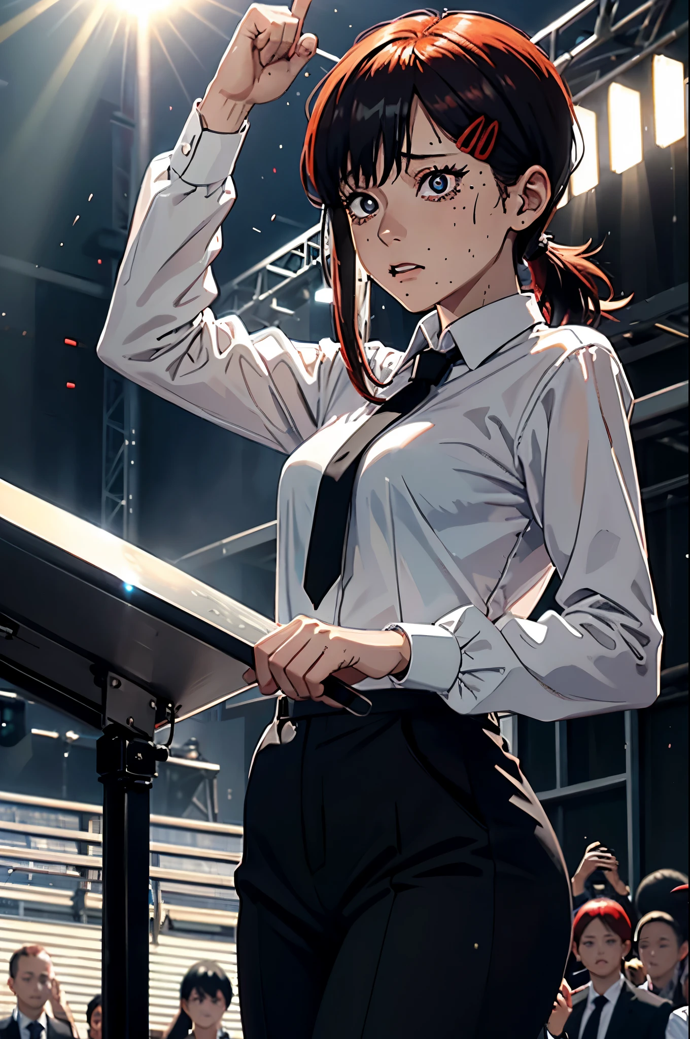 kobeni from chainsawman, black vivid eyes, with her iconic two red hair clips, sweating, wearing white long sleeve, black tie, black dark business pants, standing, podium, giving a speech on stage, outdoors, panicking, daytime, busy day, sunny, lens flare, light rays, crowd gathered in front of her