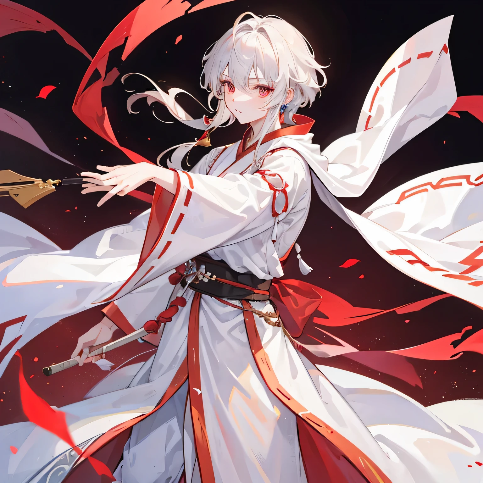Cute young man, big reddish eyes, long brown hairs, white skin, wearing reddish hanfu, hug the crown prince, handsome young man, with silver hair, fierce eyes, wearing big magnificent hanfu, one hand holding the young man's waist standing so closely face to face.