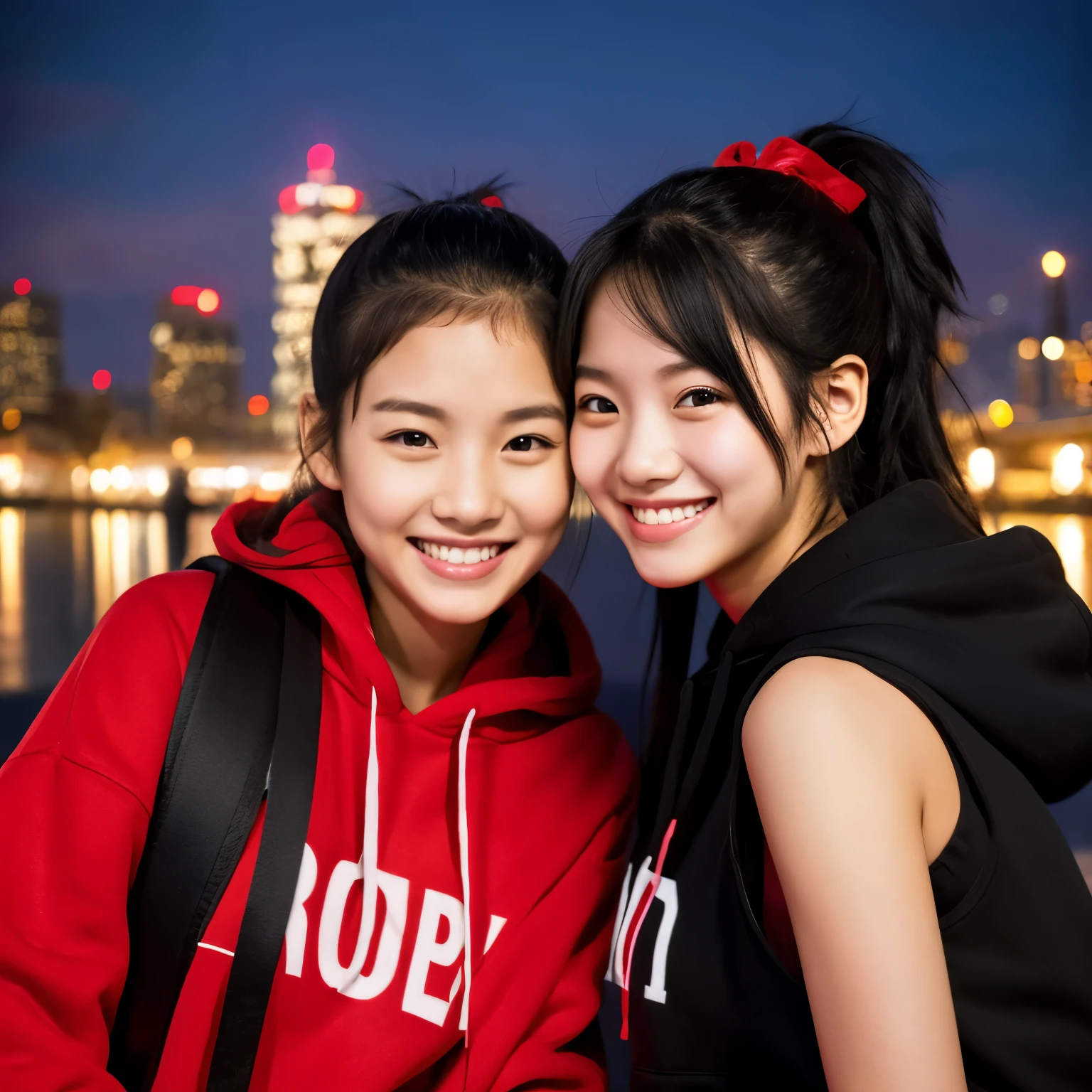 two smiling girls、The night view is the background、One girl has black hair in a ponytail and a red hoodie with an R written on it.、The other girl has a black hoodie with M written on it.