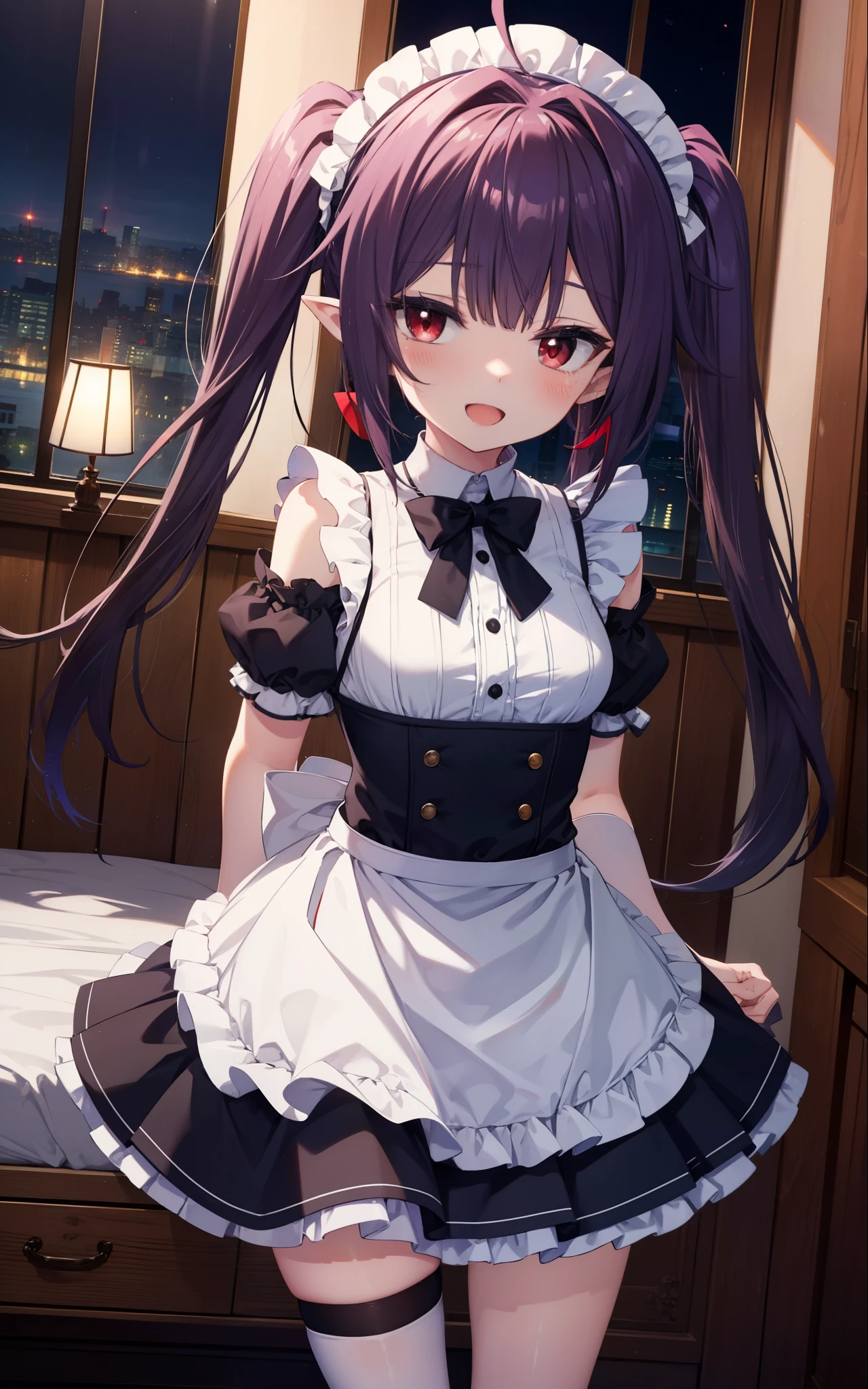 yuukikonno, Yuki Konno, hair band, long hair, pointy ears, purple hair, (red eyes:1.5), (small breasts:1.2),Ahoge,face tilted to one side, twin tails,Open your mouth and smile happy, smile, open your mouth,blush,she was wearing a maid skirt, black stockings on her legs, I'm back with both arms behind one.,lean forward,peek from above,bare shoulders,Cute standing figure,night,moonlight,
break looking at viewer, Upper body, whole body,
break indoors, Bedroom,
break (masterpiece:1.2), highest quality, High resolution, unity 8k wallpaper, (shape:0.8), (fine and beautiful eyes:1.6), highly detailed face, perfect lighting, Very detailed CG, (perfect hands, perfect anatomy),