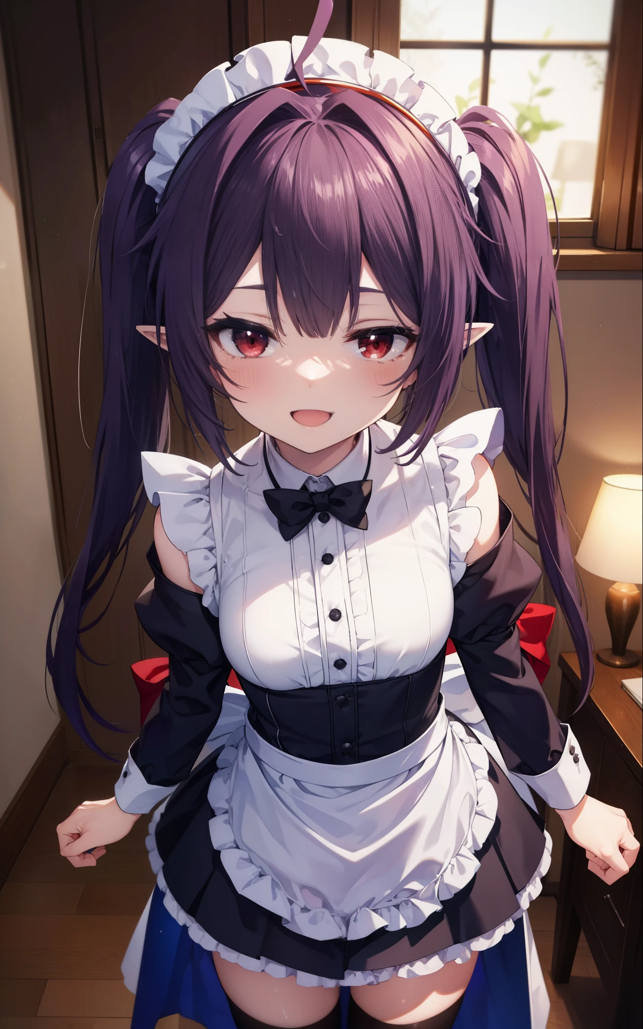 yuukikonno, Yuki Konno, hair band, long hair, pointy ears, purple hair, (red eyes:1.5), (small breasts:1.2),Ahoge,face tilted to one side, twin tails,Open your mouth and smile happy, smile, open your mouth,blush,she was wearing a maid skirt, black stockings on her legs, I'm back with both arms behind one.,lean forward,peek from above,bare shoulders,Cute standing figure,night,moonlight,
break looking at viewer, Upper body, whole body,
break indoors, Bedroom,
break (masterpiece:1.2), highest quality, High resolution, unity 8k wallpaper, (shape:0.8), (fine and beautiful eyes:1.6), highly detailed face, perfect lighting, Very detailed CG, (perfect hands, perfect anatomy),