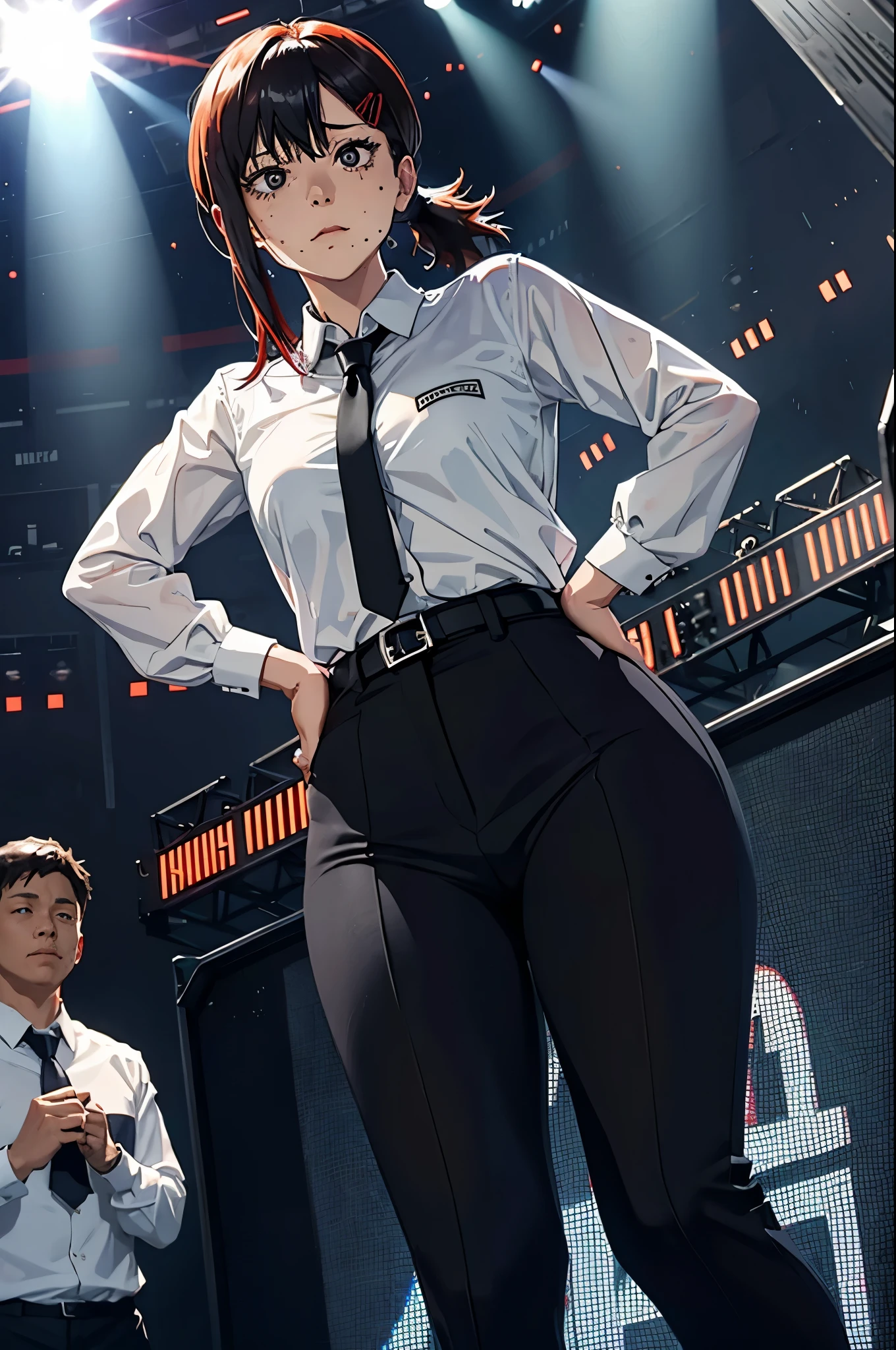 kobeni from chainsawman, black vivid eyes, with her iconic two red hair clips, sweating, wearing white long sleeve, black tie, black dark business pants, standing, podium, giving a speech on stage, outdoors, panicking, daytime, busy day, sunny, lens flare, light rays, crowd gathered in front of her