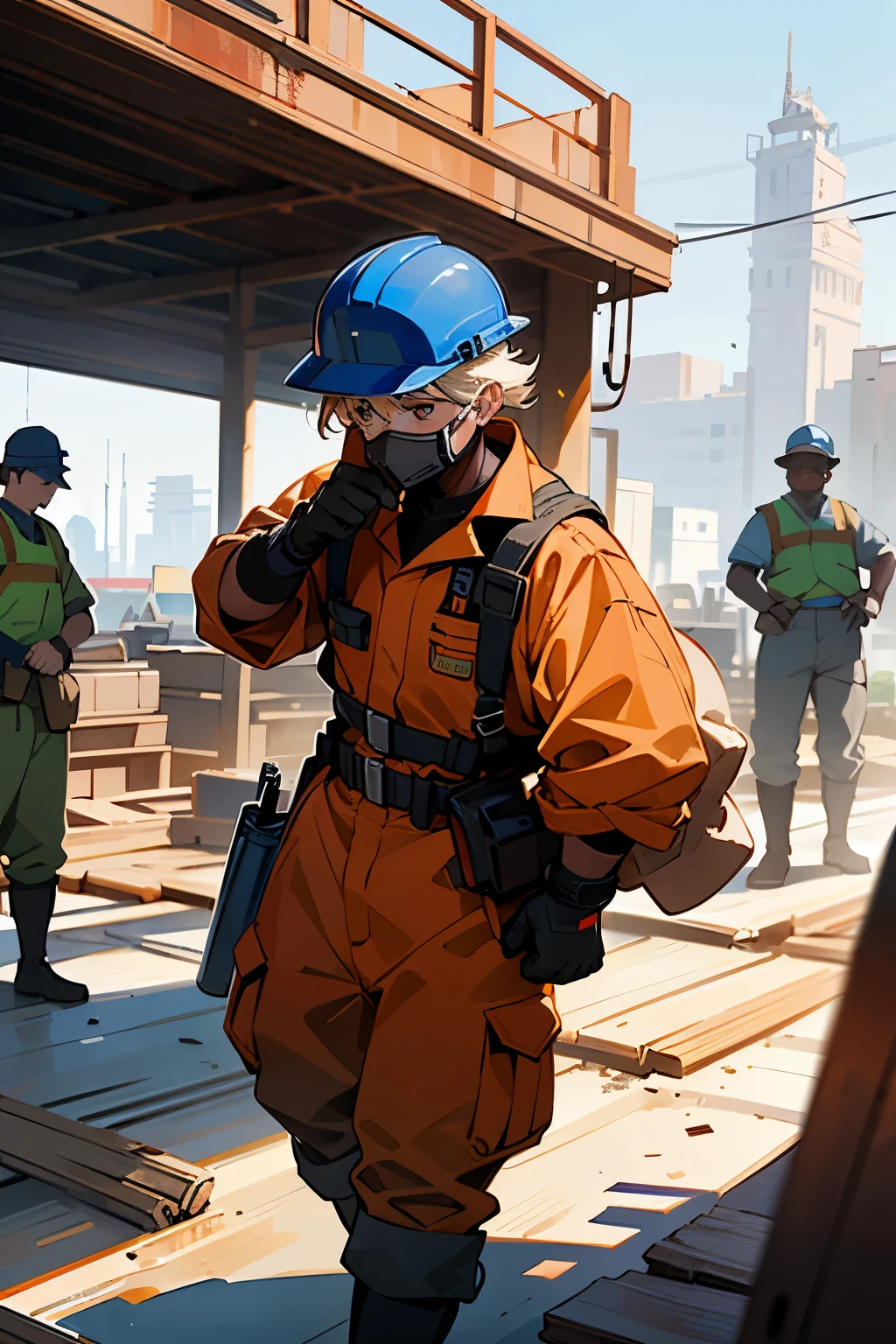 Workers wearing protective gear at a bustling construction site, diligently carrying out their tasks under the watchful eye of their foremen. Sun-kissed hard hats shielding their heads from debris, sturdy work boots covering their feet, and thick, durable gloves shielding their hands from hazards. The air thick with the scent of fresh concrete and the sound of machinery humming in the background. The workers, their faces masked, move with purpose and focus, the gleam of determination in their eyes as they skillfully manipulate tools and materials, ensuring the safety and efficiency of the construction process. Their protective suits, a testament to the importance of precaution, shimmering slightly in the late