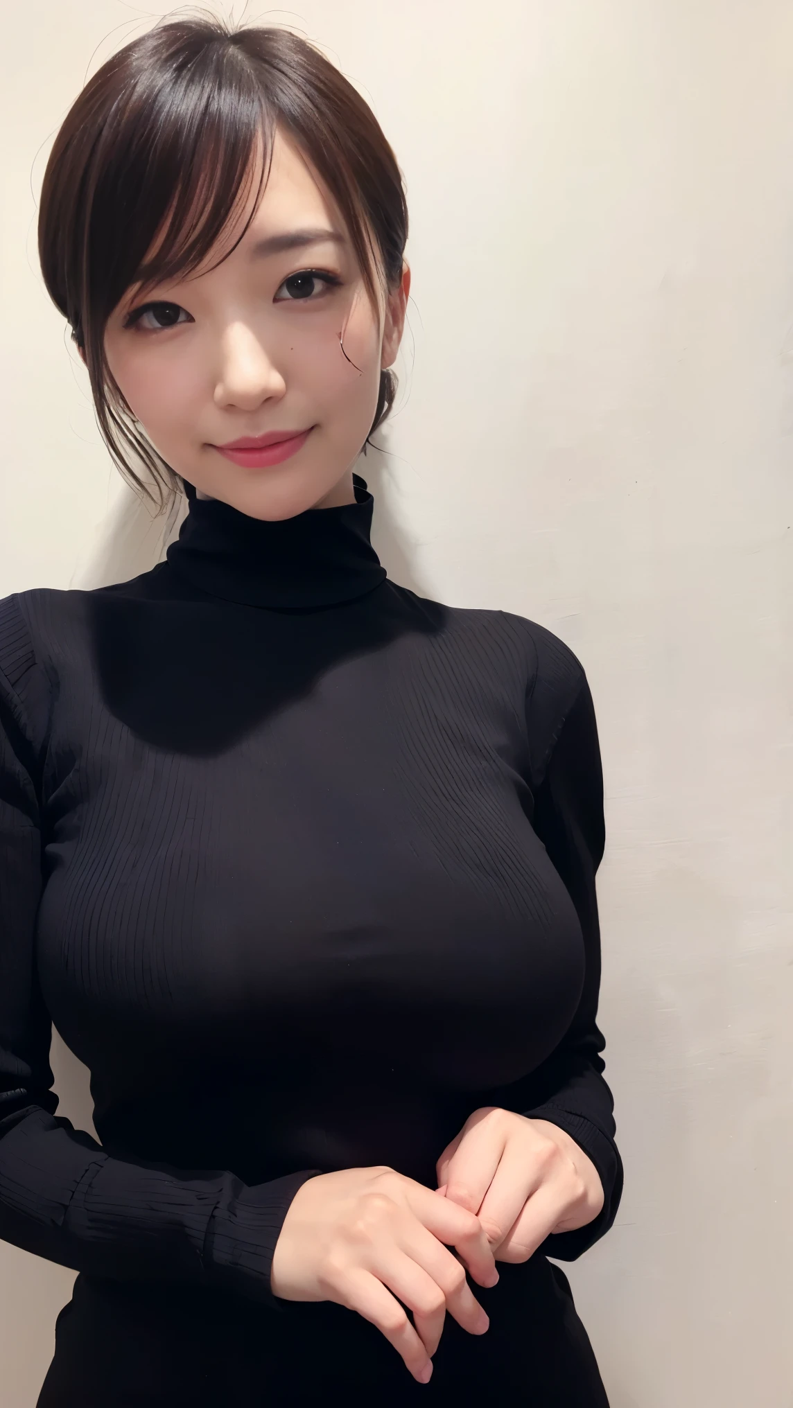 黒いturtleneckのセーターを着た日本女性、 (((masterpiece))), ((highest quality)), ((intricate details)), (((超realistic)), absurd solution, near and far law, very detailed, realistic, 1 girl, ((big breasts)), perfect hands, finger details, beautiful and detailed eyes, short hair, brown eyes,(turtleneck:1.2), Tight Skirt, detailed background, choker, perfect eyes, enchanting eyes, look at the audience, from the front、laughter、mole around the mouth、knit dress