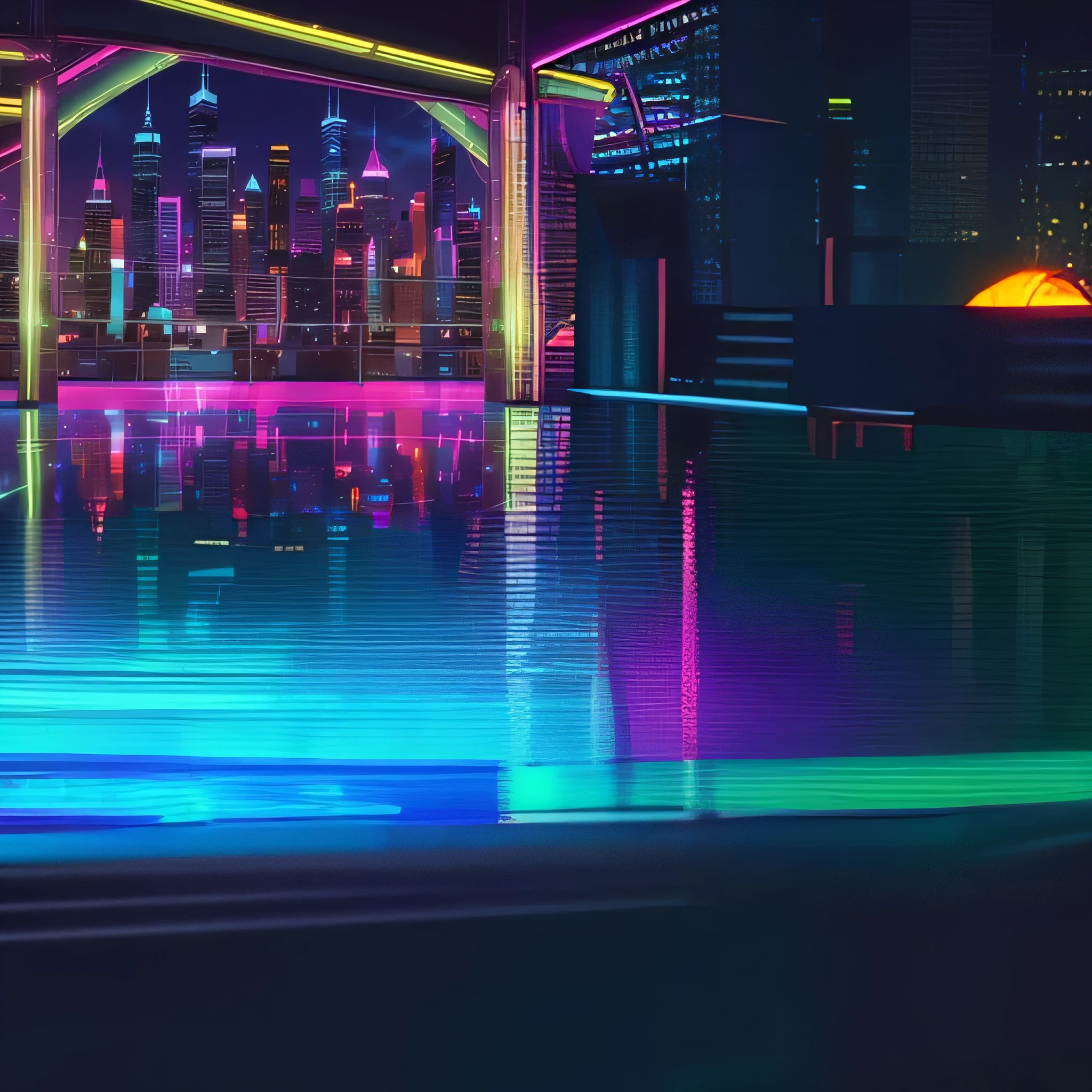 a close up of a city skyline with neon lights reflecting in a pool, neon city in the background, cinematic neon matte painting, neon megacity in the background, neon city, dreamy colorful cyberpunk colors, neon light rooftop, synthwave city, cyber neon lights, cyberpunk vibrant colors, cyberpunk neon lights, neon cyberpunk vibrant colors, neon cityscape background, cyberpunk city backdrop