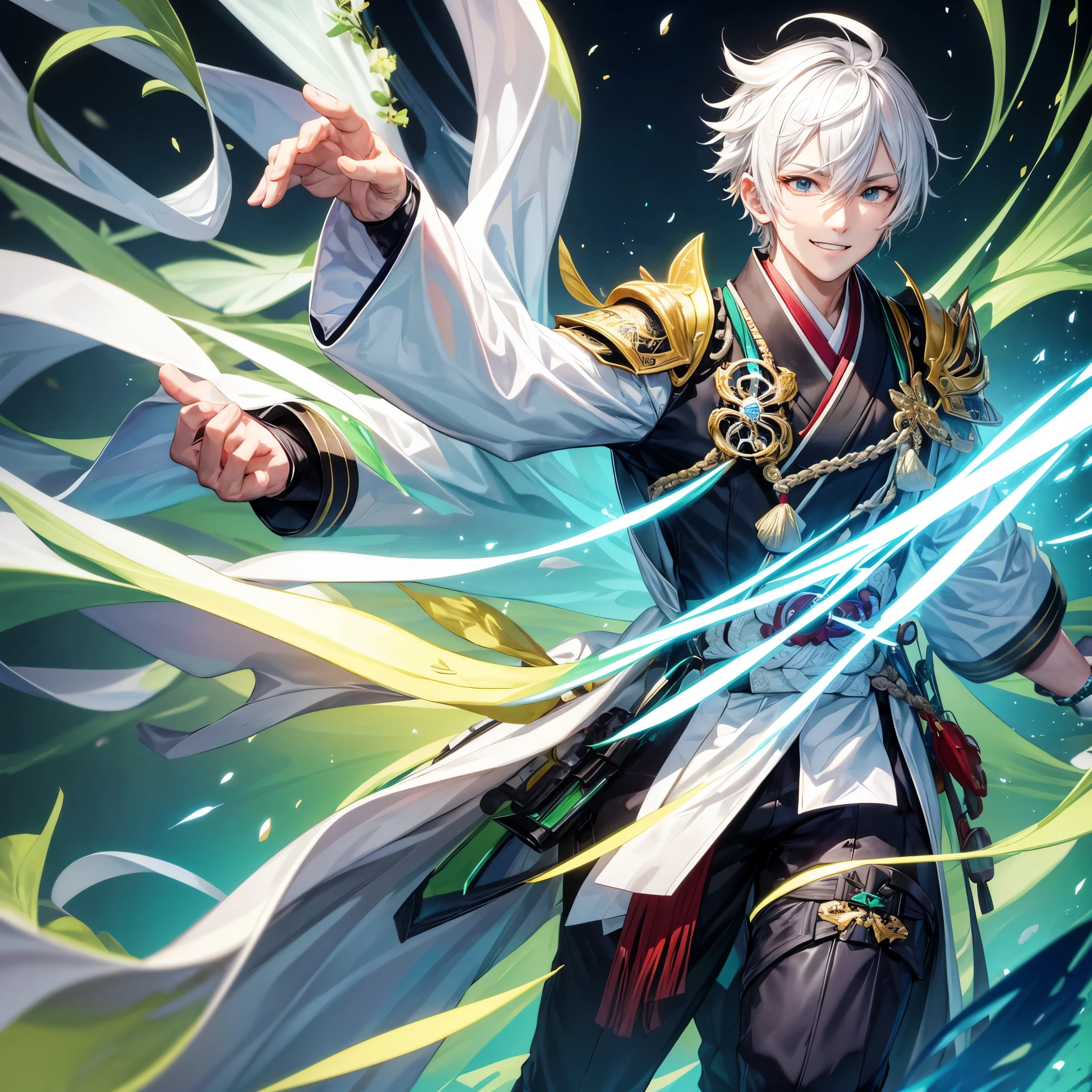 A young, handsome , no jawline ,white hair, green ahoge , wearing a kimono , white skin, with a watch on his wrist, dainese boots ,dainese gloves , no expression ,like Alhaitam male on Genshin impact , 3 m tall with a diamond shape head , same background full body , a green ang white kimono , with a dendro element sign on the side of his shoulders , but still wearing a kimono one eye winking and grinning