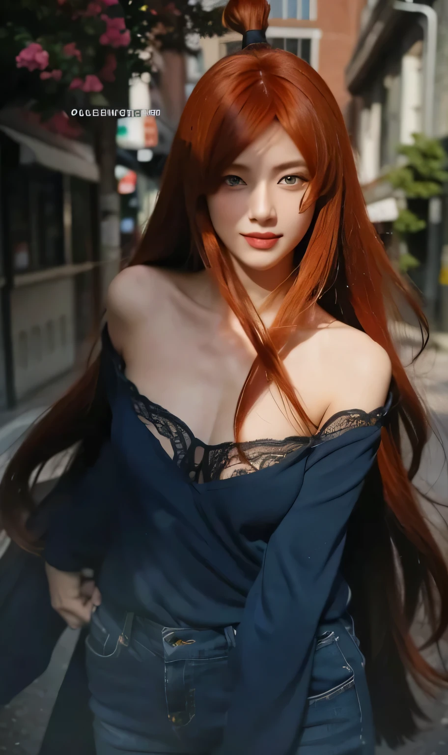 (female,anime,Anime Shippuden,Mei Terumi:1.1),(long hair,orange hair),(green eyes,beautiful detailed eyes,realistic eyes:1.1),(smile,beautiful detailed smile:1.1),(blue clothes,realistic clothes),(city background,urban scenery),(ultra detail,extremely detailed:1.2),(realistic,photorealistic:1.37),(red lips,vivid red lips)