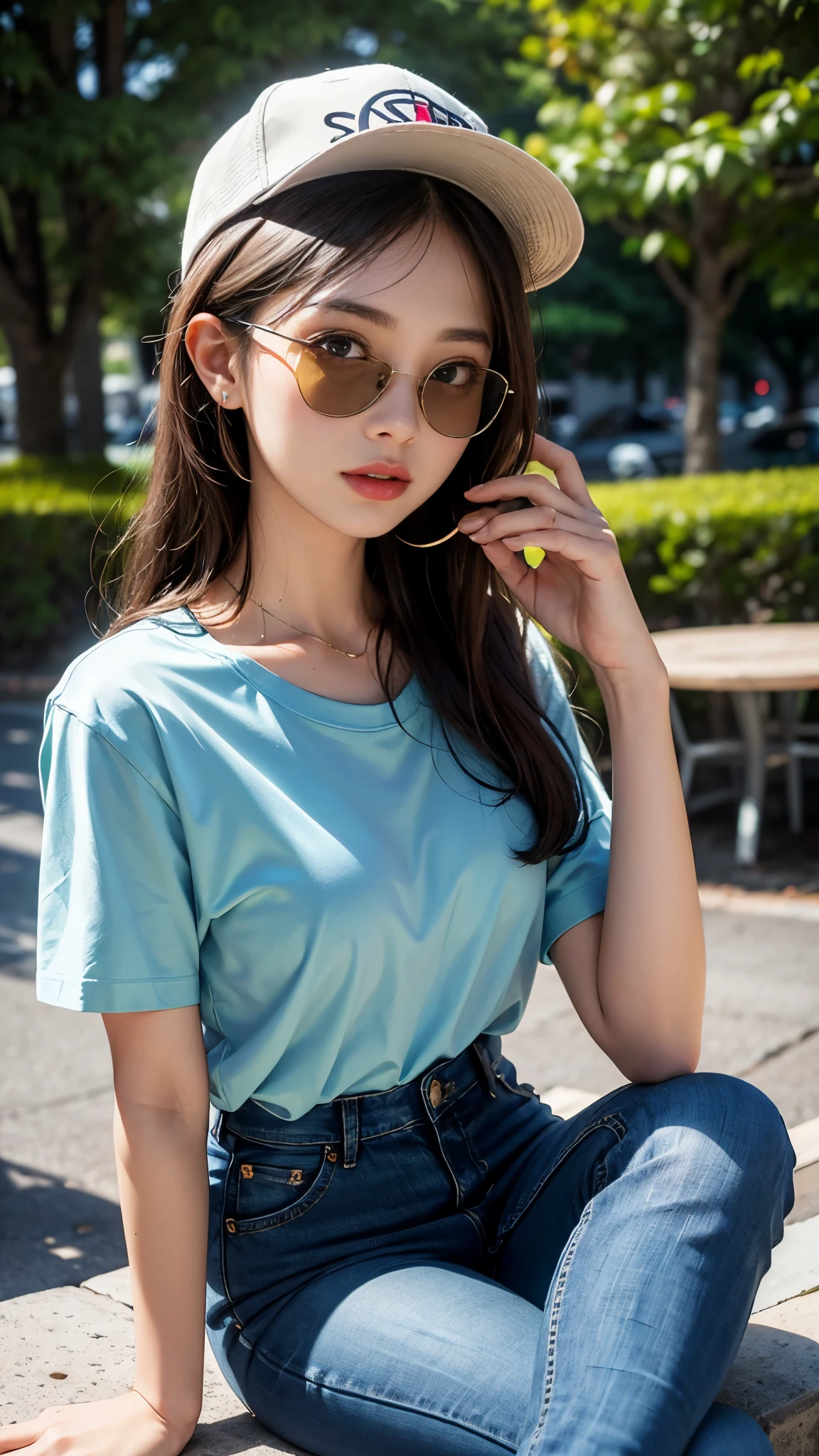 (best quality:1.2,4k ultra hd:1.2), a girl, beautiful face, full and glossy lips, long flowing hair, perfectly straightened, small breasts, green t-shirt, (opened shirt:1.5), jeans, complete with a cap, sparkling sunglasses, capturing her character and charm, with a blurred background enhancing the relaxed atmosphere, showcasing her confidence and elegance, sitting,
