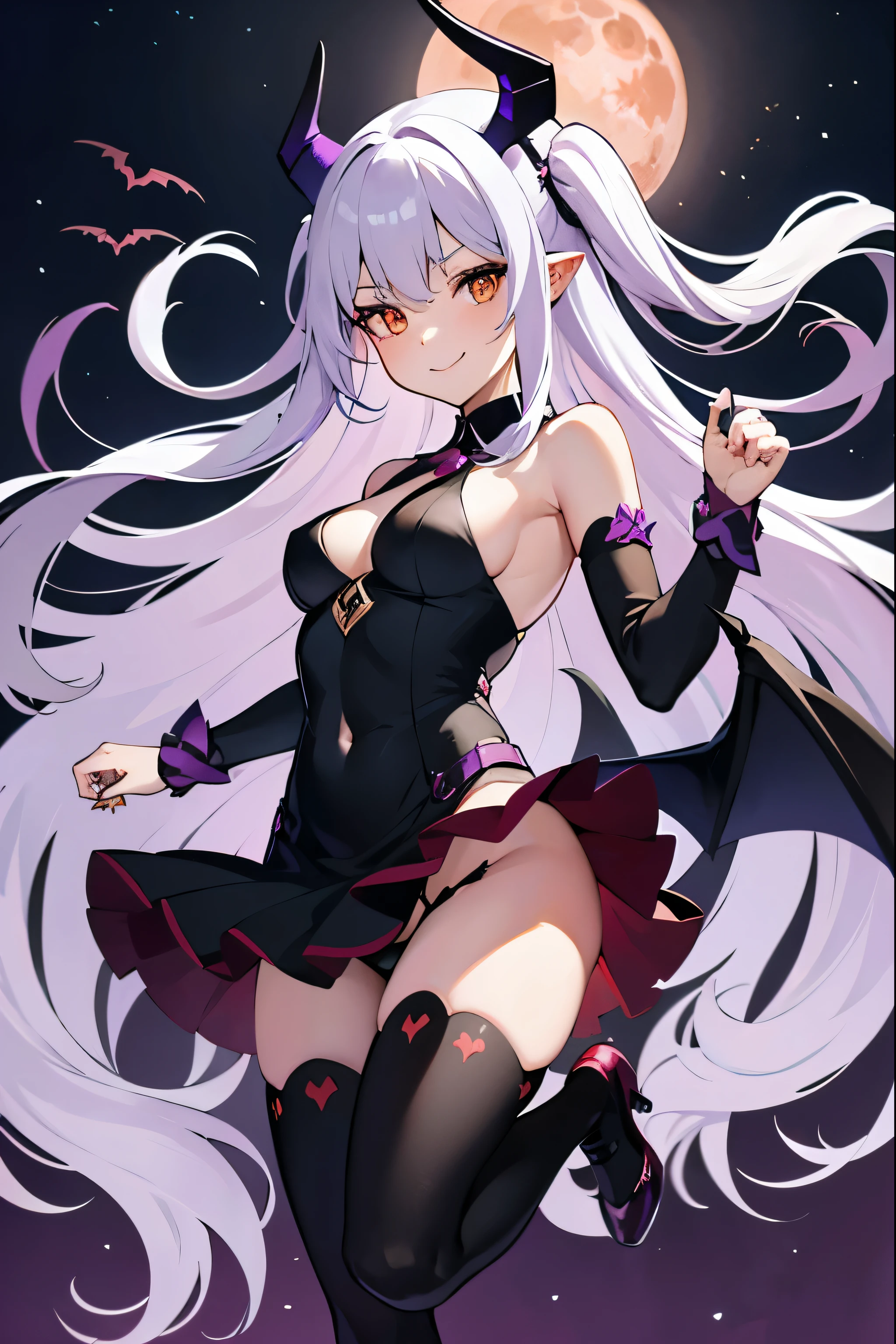 purple ，no star ，yandere Smile，horn，blood，full-body shot ，purple lunar eclipse ，bat wings ，woman flying in mid air， Succubus ，orange eyes ，long hair， white hair， black stockings， Double shoulders