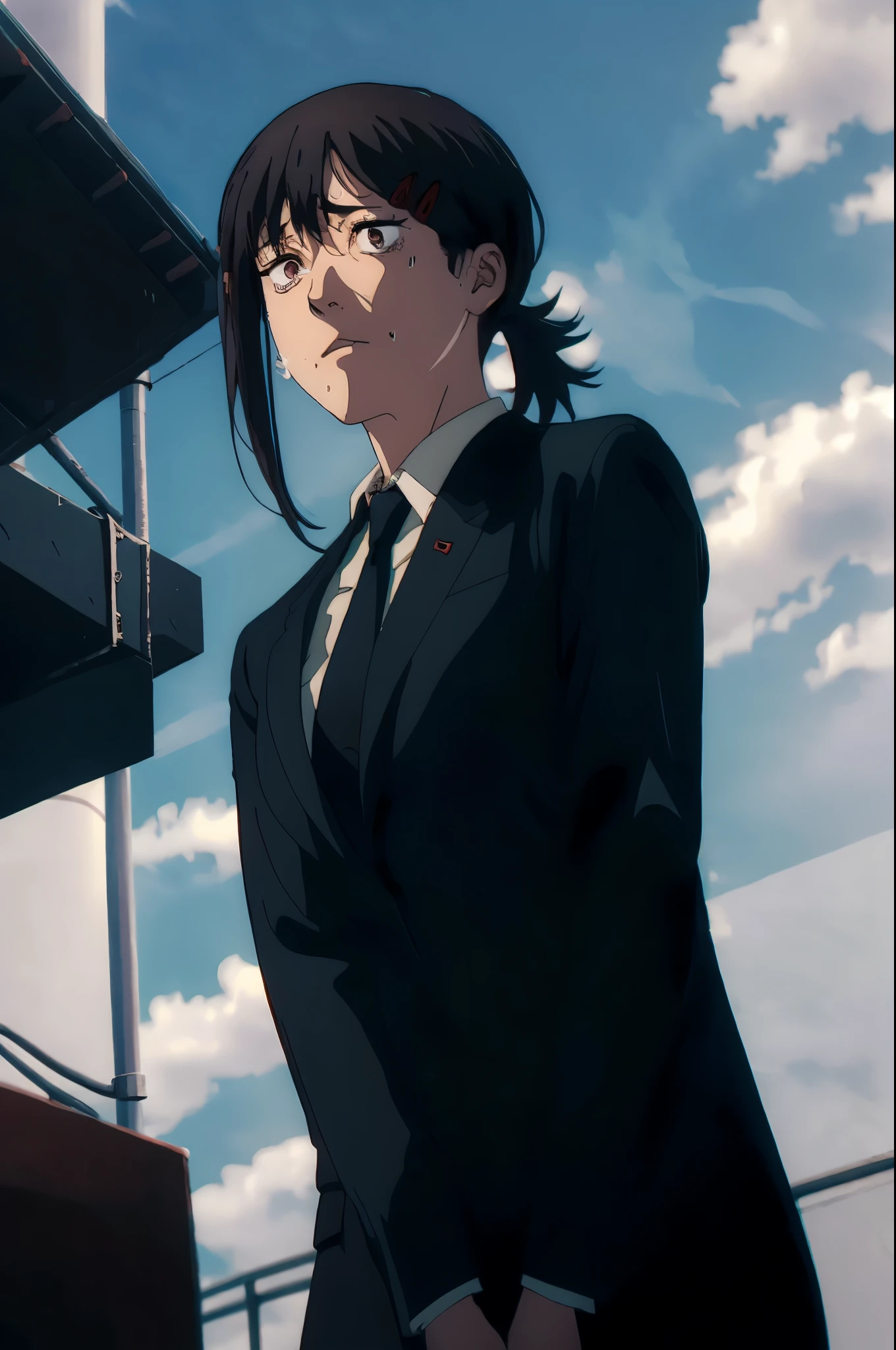 kobeni from chainsawman, black vivid eyes, with her iconic two red hair clips, sweating, wearing white long sleeve, black tie, black dark business pants, standing, podium, giving a speech on stage, outdoors, panicking, daytime, busy day, sunny, lens flare, light rays, crowd gathered in front of her